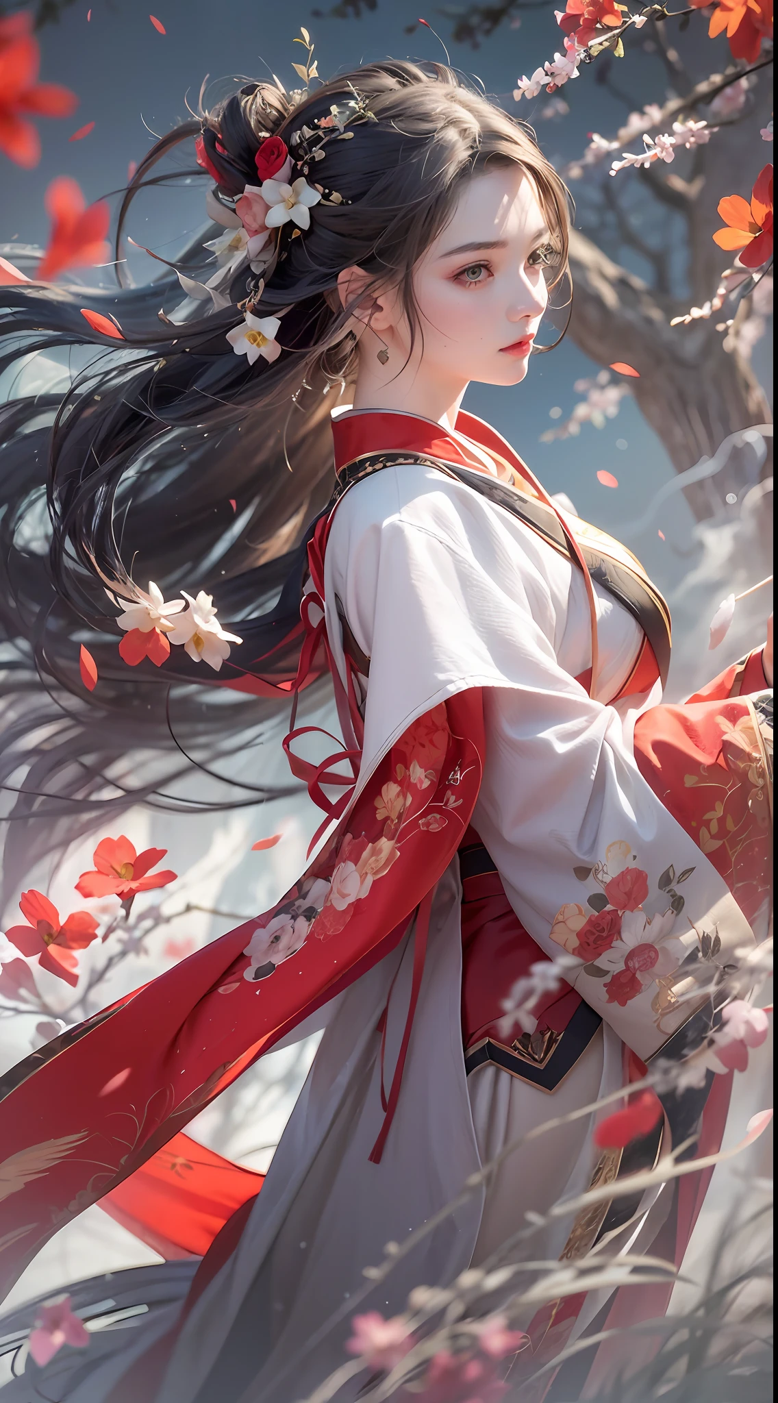 Super high quality, masterpiece, perfect illustration, extreme detail (exquisite light and shadow, highly dramatic picture,) Stroke, 1 girl, solo, (wearing red, black and white Hanfu,) flower field, flowers, (white smoke:1.3) (Realistic:1.4), Zen entanglement, tangled, official art, Unity 8k wallpaper, super detailed, beautiful and beautiful, masterpiece, best quality, (dynamic angle: 1.4), glowing skin, (floating colorful flashes: 1) the most beautiful chaotic forms, elegant, brutalist design, Bright colors, romantic depth of field exotic_dance, half_naked