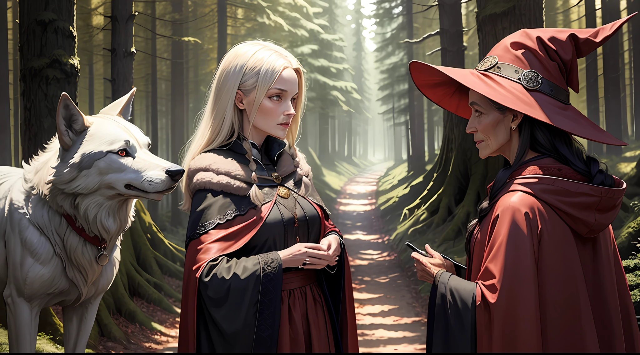 An 80-year-old witch,Looking at a wolf and a girl in a red cloak，at a forest