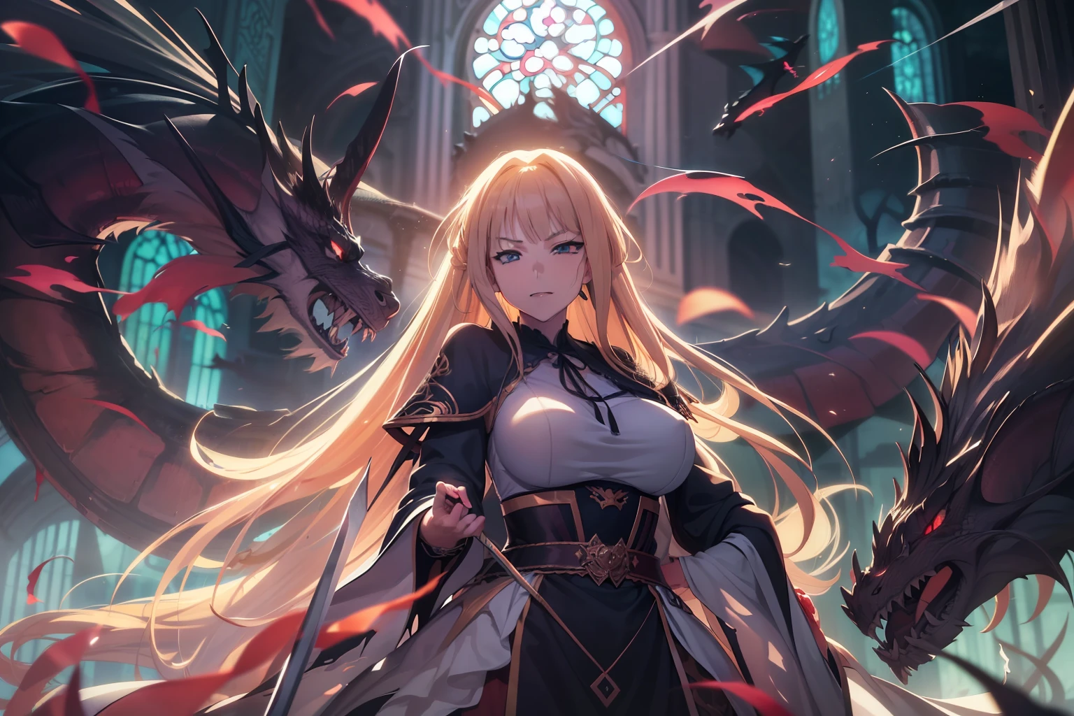 anime girl with sword and dragon in background, anime fantasy artwork, anime fantasy illustration, badass anime 8 k, anime art wallpaper 4 k, anime art wallpaper 4k, 2. 5 d cgi anime fantasy artwork, anime art wallpaper 8 k, detailed digital anime art, beautiful fantasy anime, anime epic artwork, 4k anime wallpaper, detailed anime artwork, sexy, sexy, big boobs, women, A queen is sitting on a throne in the underwater palace, anime style , dragon girl, amor dragon, blade dragon, dragon wings , (masterpiece, best quality, ultra-detailed, best shadow), (detailed background,dark fantasy), (beautiful detailed face), high contrast, (best illumination, an extremely delicate and beautiful), ((cinematic light)), colorful, hyper detail, dramatic light, intricate details, (1 girl, solo, sharp face, . Blonde hair,super long hair, thin bangs hime cut, long lashes,dynamic angle), blood splatter, swirling black light around the character, depth of field,black light particles,(broken glass),magic circle