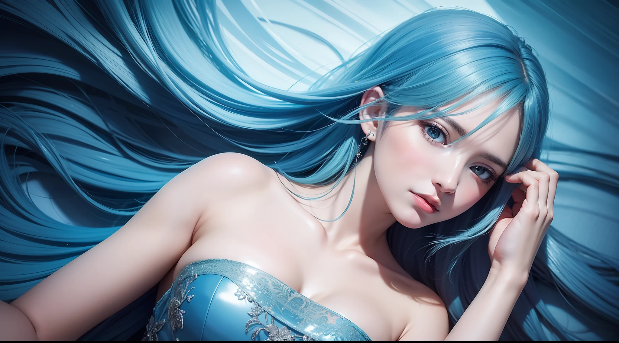 highest quality, masterpiece, every detail, solo, high_res, sleeping pretty girl, light blue hair, standard body, center, hair makeup, pretty face, light makeup, Tyndall effect, realistic photo, dark studio, daylight, clear, inshore sea, hawaiian coast, clear blue sea, wet shadow body, (high detail skin: 1.2), 8k uhd, dslr, light studio light, high quality, photo, high resolution, 8k, bokeh.