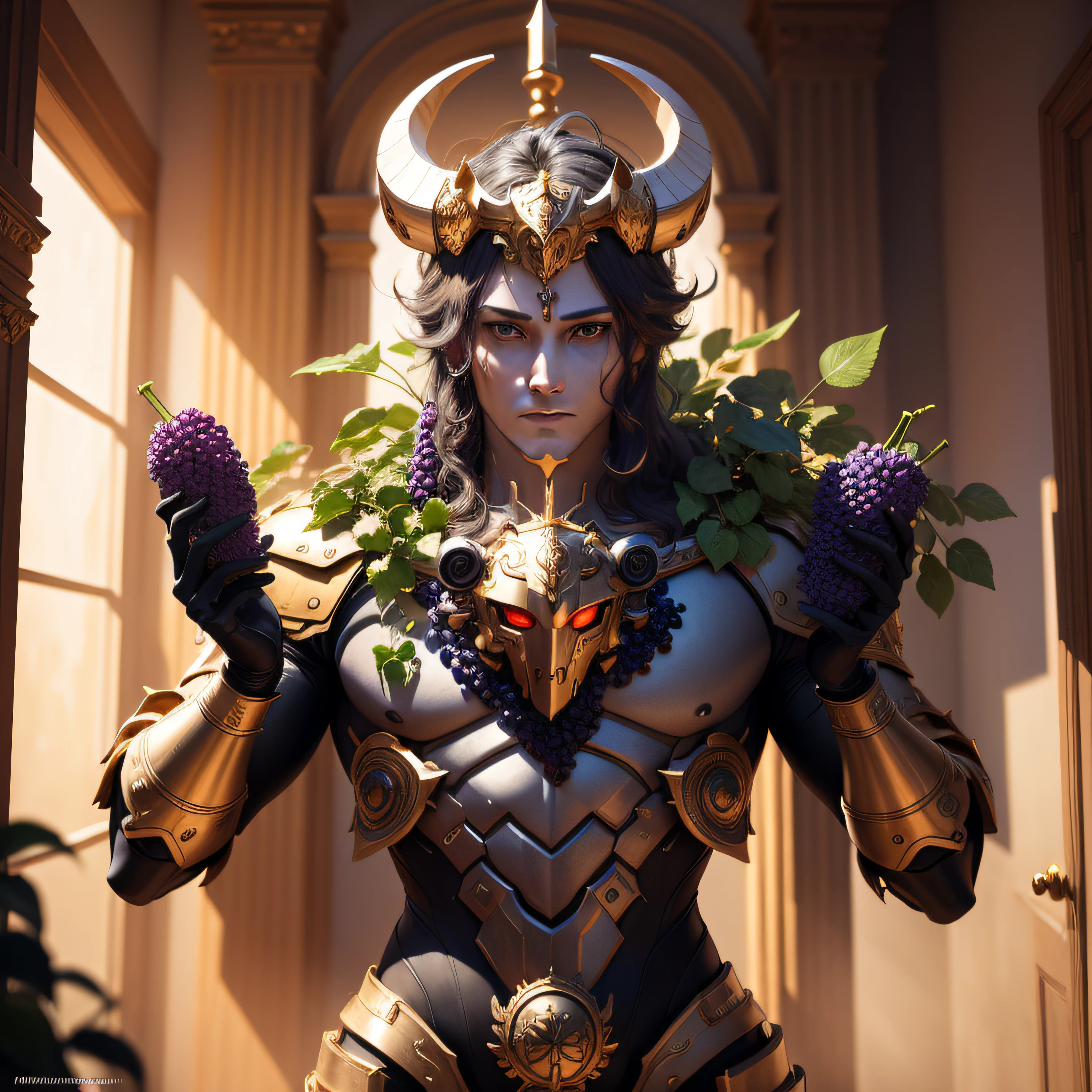 Concept art of a robot themed on Dionysus. The robot, as a symbol of the god of abundance and intoxication, has armor decorated with grapes and ivy, and is equipped with a thyrsus staff and a wine cup. Horns of abundance are adorned on the head or back, and the eyes, expressions, and movements are distinctive to express madness. The style is hyper-real, and the colors are deep. The lighting is high contrast, and the composition focuses on the entire robot. --ar 16:9 --v 5.1 --style raw --q 2 --s 750