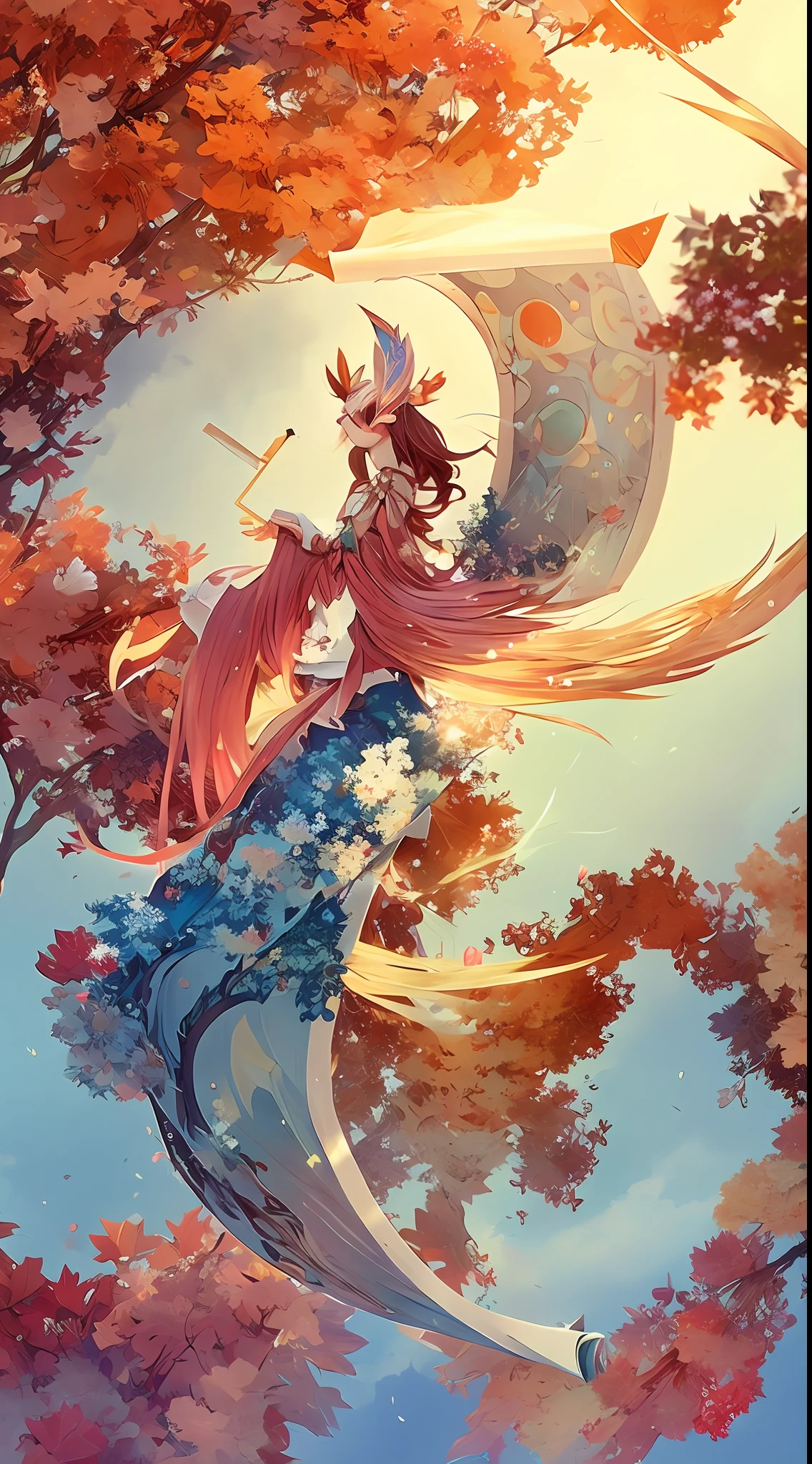 Anime girl flying in the air with a big umbrella, A beautiful artwork illustration, Anime fantasy illustration, Beautiful digital artwork, Exquisite digital illustration, Fantasy art style, colorfull digital fantasy art, digital art fantasy, beautiful digital art, goddess of autumn, Beautiful anime artwork, Alphonse mucha and rossdraws, Digital art on Pixiv, Beautiful digital illustration