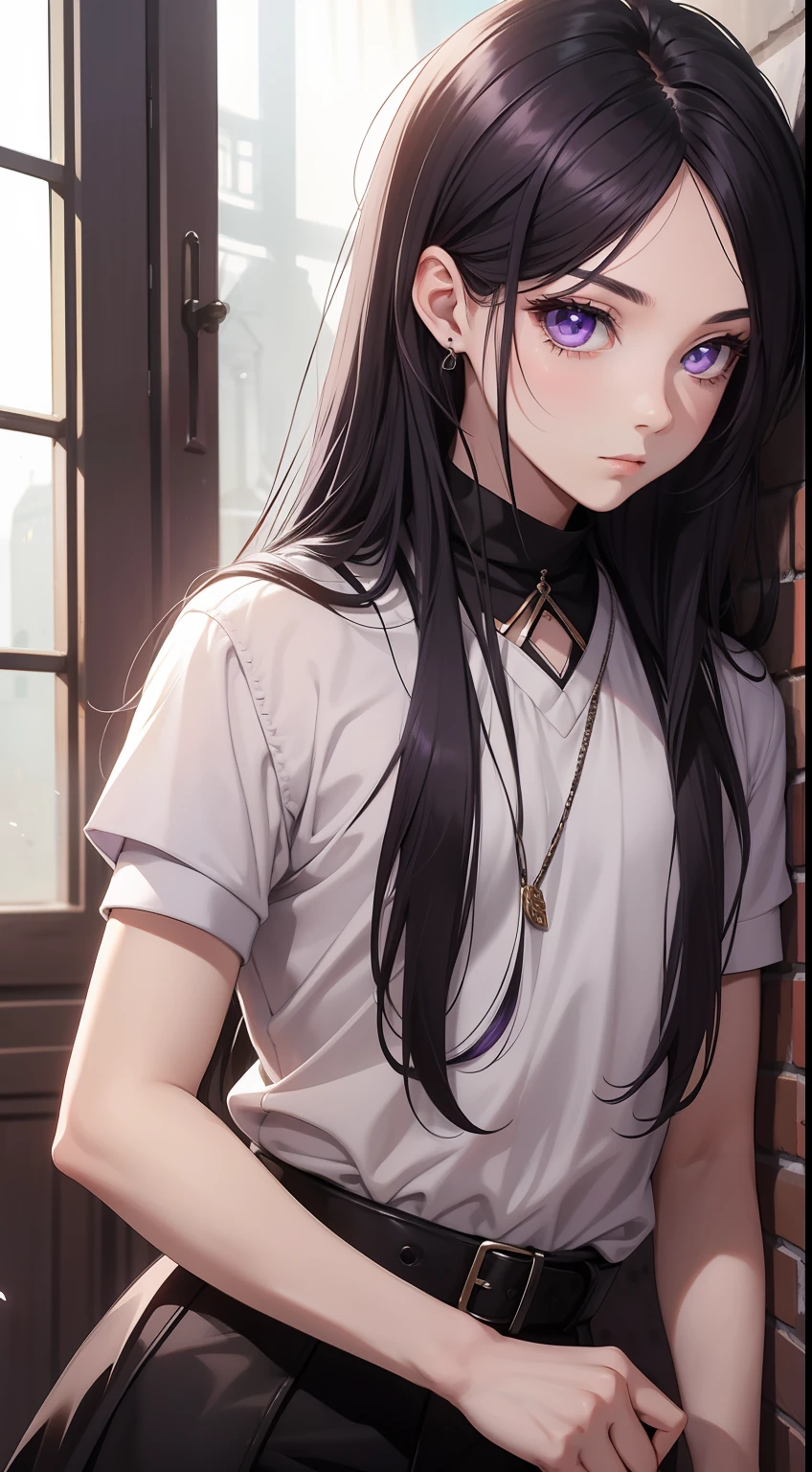 Young boy, long dark purple or black hair, violet eyes, Black Rich Clothing, Masterpiece, hiquality