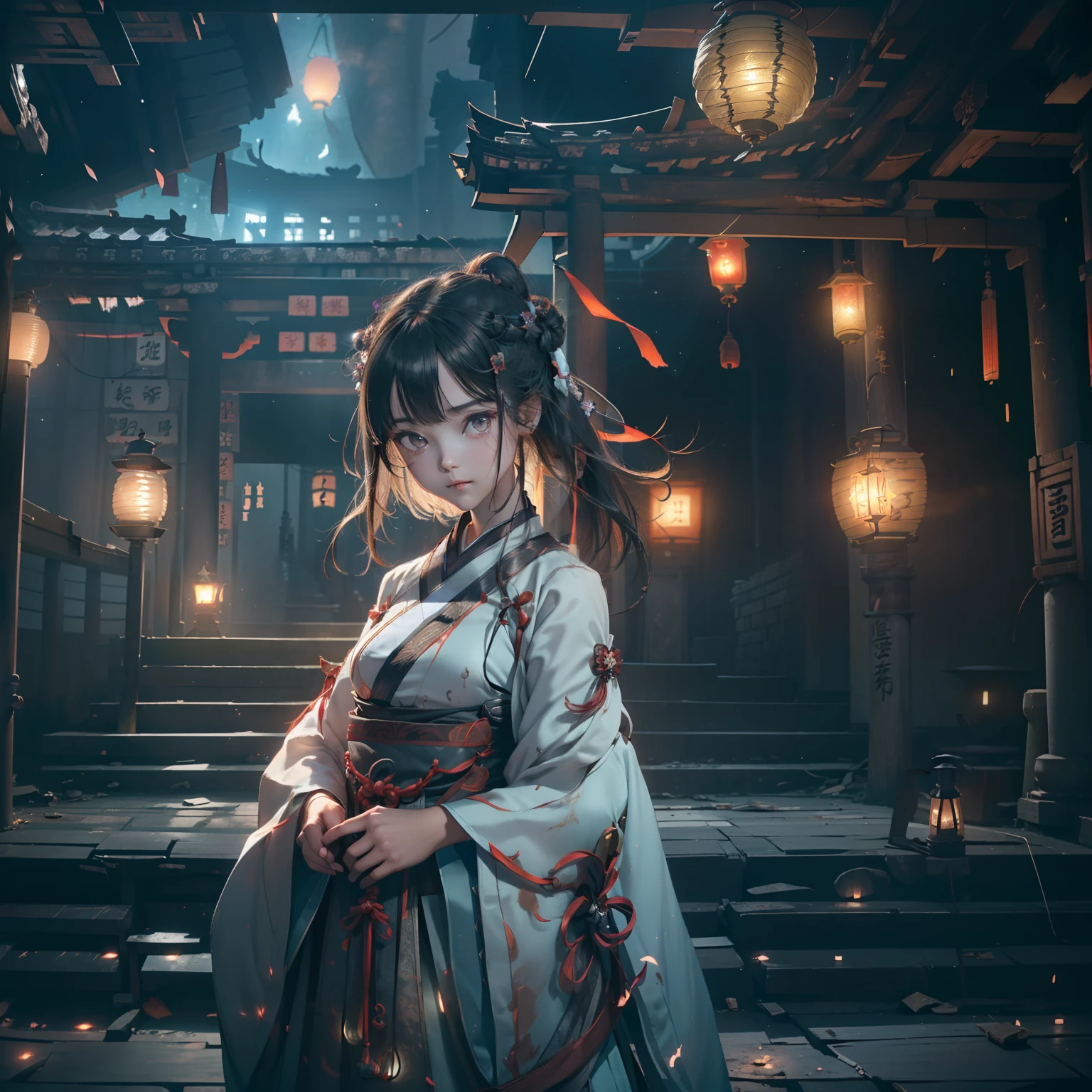 Very cute girl,G Cup Breasts,(Hanfu:1.6),(Hunfu skirt:1.3),(Bewitching:1.5),(The light of the mysterious lanterns shines:1.4),************,a short bob,(A crumbling abandoned temple with peeling paint:1.5),(dark sky:1.8),(top-quality:1.4) ,Melancholy look,(Prone to downcast eyes:1.4),Look away,(Vague and ephemeral:1.4),(Beauty of the afterlife:1.1),Less ambient light、Strong reflection,Slender eyes,(Mysterious Beauty:1.3),(Lantern light illuminating a shadowy face:1.4),underlighting,