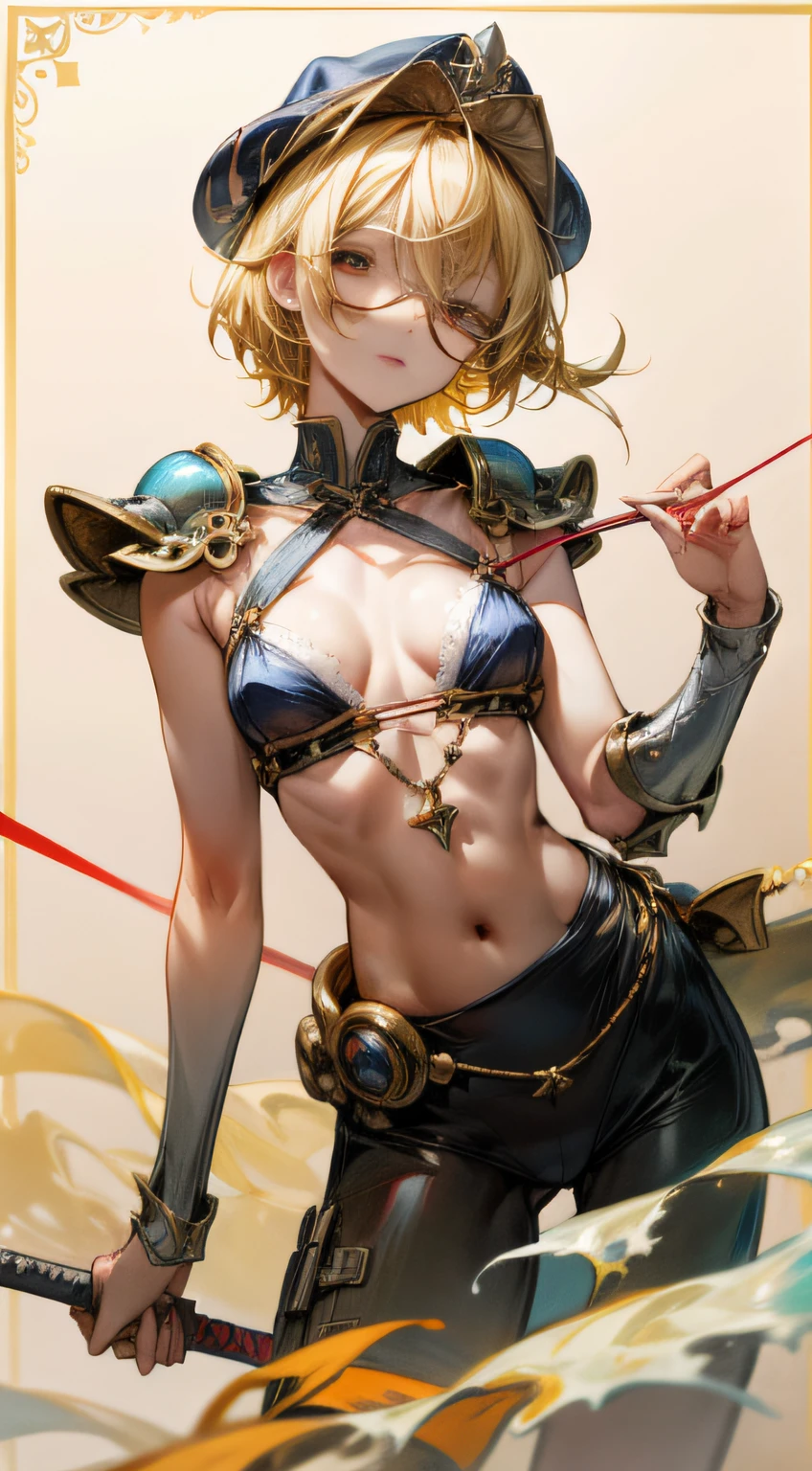 （Marco）,Perfect ,don quixote \(limbus company\, Naked、Blonde hair, a beauty girl、eye glasses、middlebreasts、Short hair, hair between eye, Orange Eyes、String bra、the chest is perfectly visible、pierced nipple、Chain scientist hat from the nipple、Basketball Hand、armor、`She has a book and a sword、(Bachelor's degree in Medieval Europe )､Cowboy style、hiqcgbody