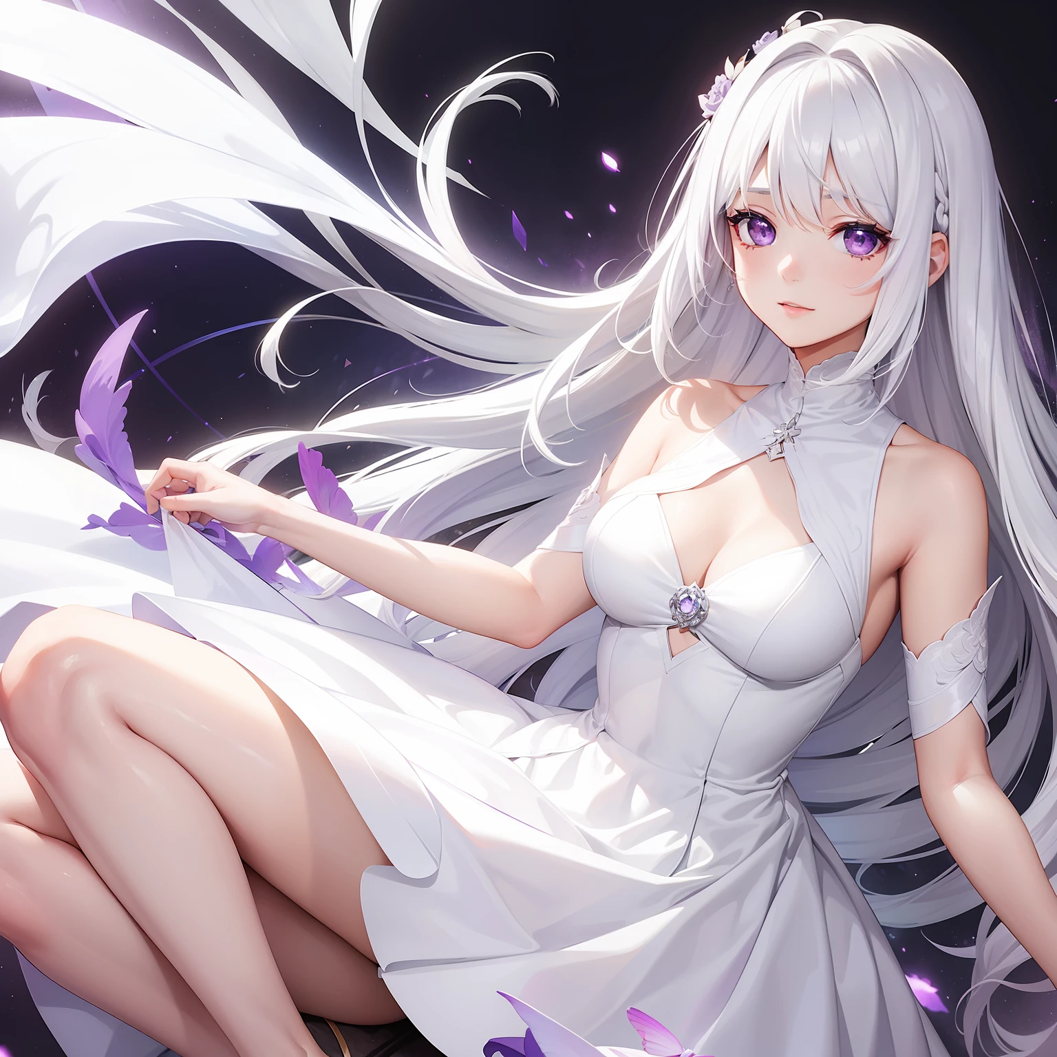 a women, white hair, purple eyes, white dress