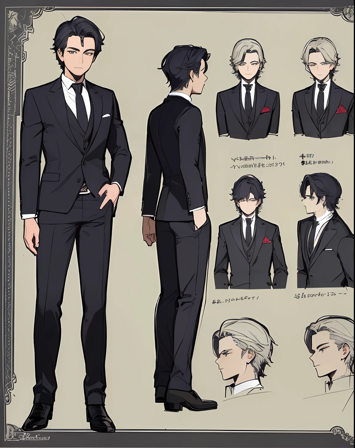 ((Masterpiece))), (((Best Quality))), ((Ultra-detailed)), (very detailed illustration), cinematiclight,, 1 guy ((Character Sheet)), (Concept art), ((full - body)), (Masterpiece: 1.2), (Best Quality: 1.3), 1 guy standing Guy in a formal suit . Dark hair, blue eyes