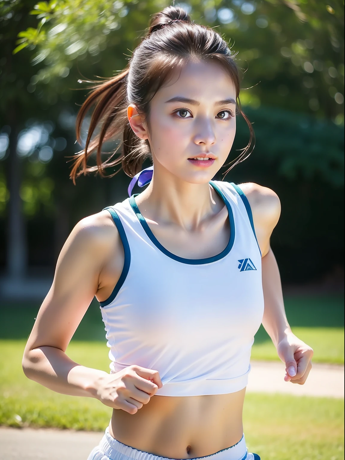 (masterpiece,best quality:1.4),(8k,raw photo,photo realistic:1.2),(shiny skin),detailed skin,detailed face,detailed eyes,1girl,upper body,Japanese idol,extremely beautiful face,girl running,wearing sportswear ,outdoor