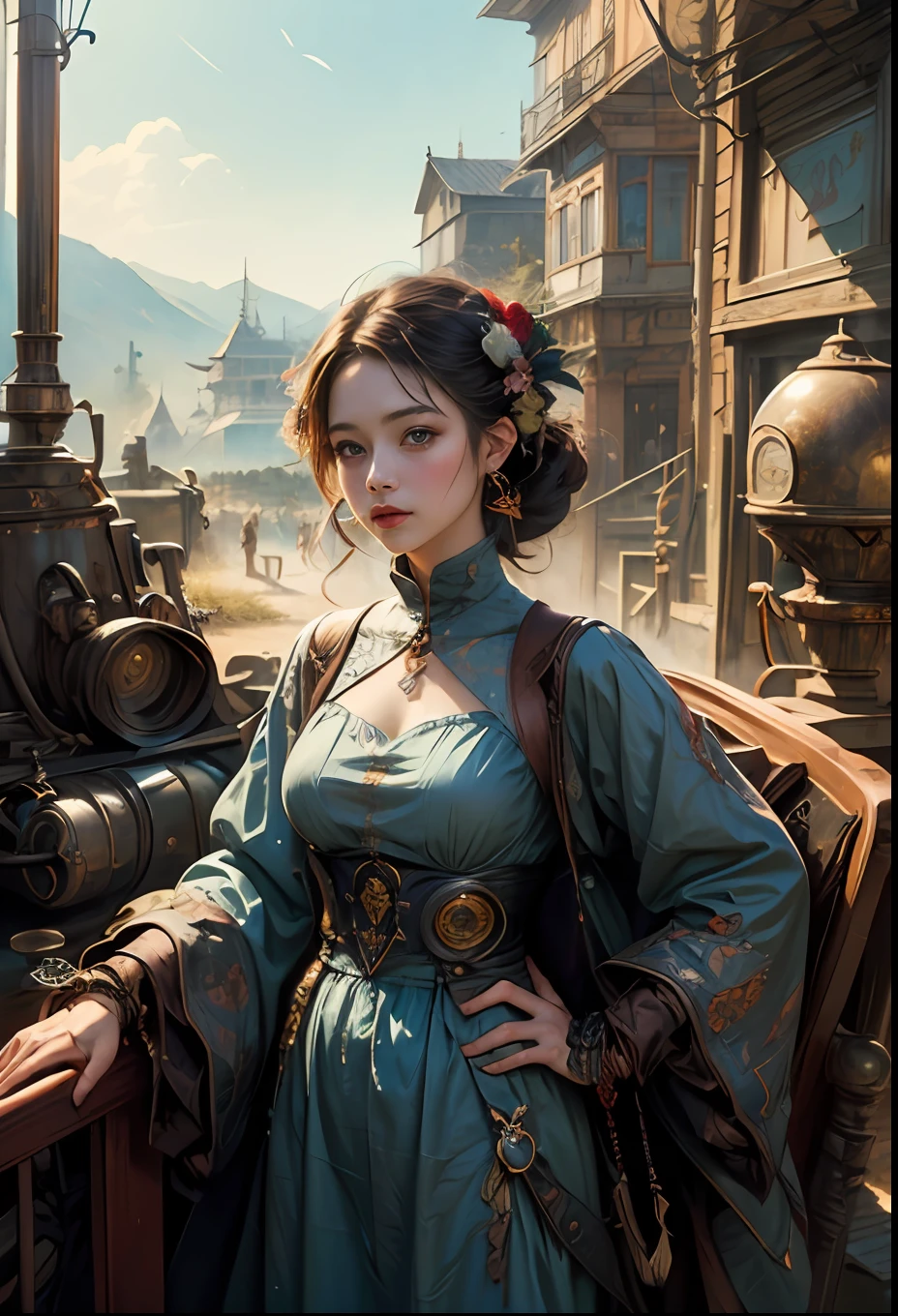(masterpiece、top-quality、top-quality、Official art、Beautifully Aesthetic:1.2)、(1girl in)、ighly detailed、(Fractal Art:1.3)、colourfull、highestdetailed、Whole body wiring、dieselpunk、1800s、Western Land
