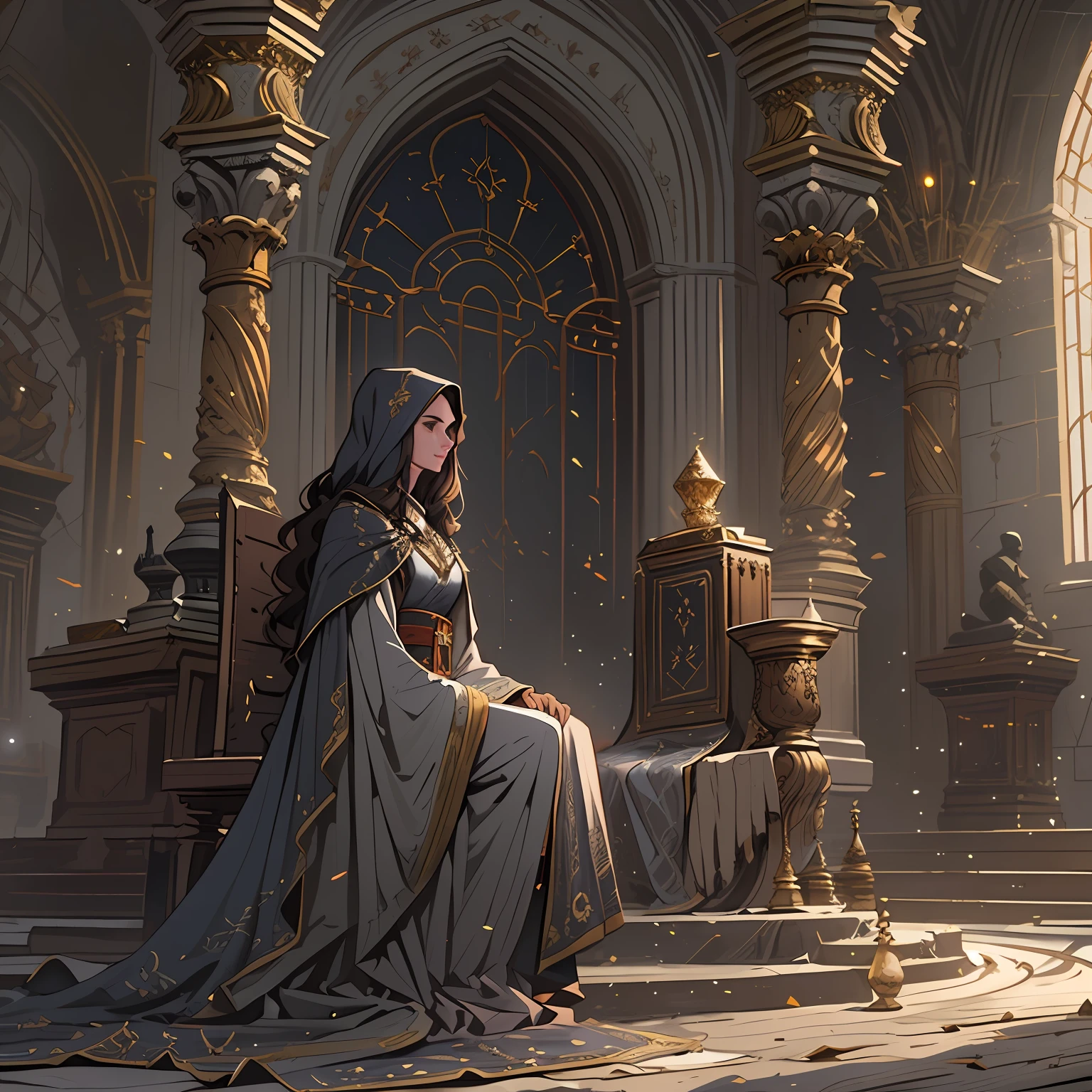 side-view, A huge bright hall with bright lighting, In the center is a stone throne, A girl, ember, A sword is stuck near the throne, Hi-Def, ultradetail, European facial features, realeme fentezi, Pattern, portraite of a, side view Girl 36 years old, dark brown long hair, dark eyes, Smiling, dressed in an old shabby gray cloak,Beautiful handkerchief, wrapped around her head, Hands raised up, Clarity 8 ka, scenery: side view Huge throne room with large windows, A girl in an old cloak stands near the throne, In the background near the throne is a man, Rear side view A man standing behind a throne