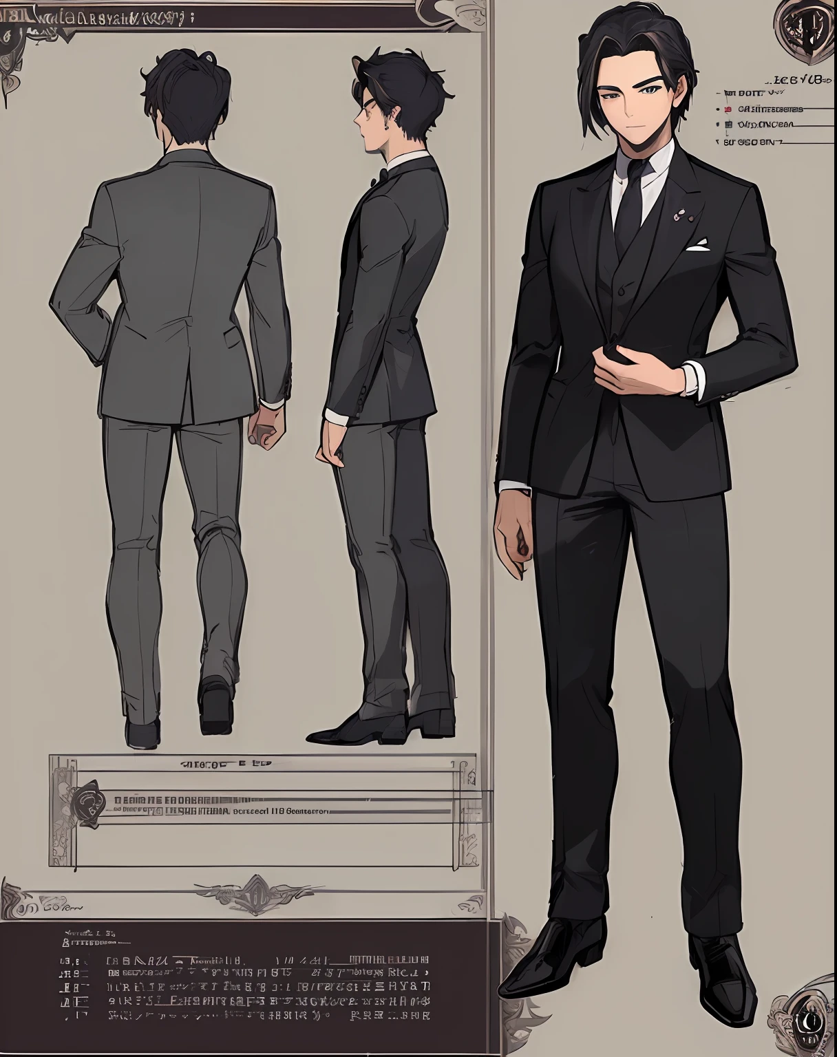 ((Masterpiece))), (((Best Quality))), ((Ultra-detailed)), (very detailed illustration), cinematiclight,, 1 guy ((Character Sheet)), (Concept art), ((full - body)), (Masterpiece: 1.2), (Best Quality: 1.3), 1 guy standing Guy in a formal suit . Dark hair, blue eyes