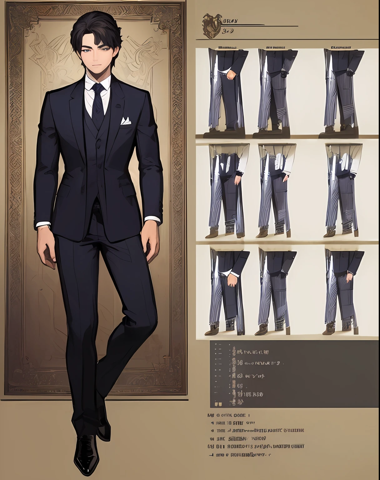 ((Masterpiece))), (((Best Quality))), ((Ultra-detailed)), (very detailed illustration), cinematiclight,, 1 guy  ((Character Sheet)), (Concept art), ((full - body)), (Masterpiece: 1.2), (Best Quality: 1.3), 1 guy standing Guy in a formal suit . Dark hair, blue eyes