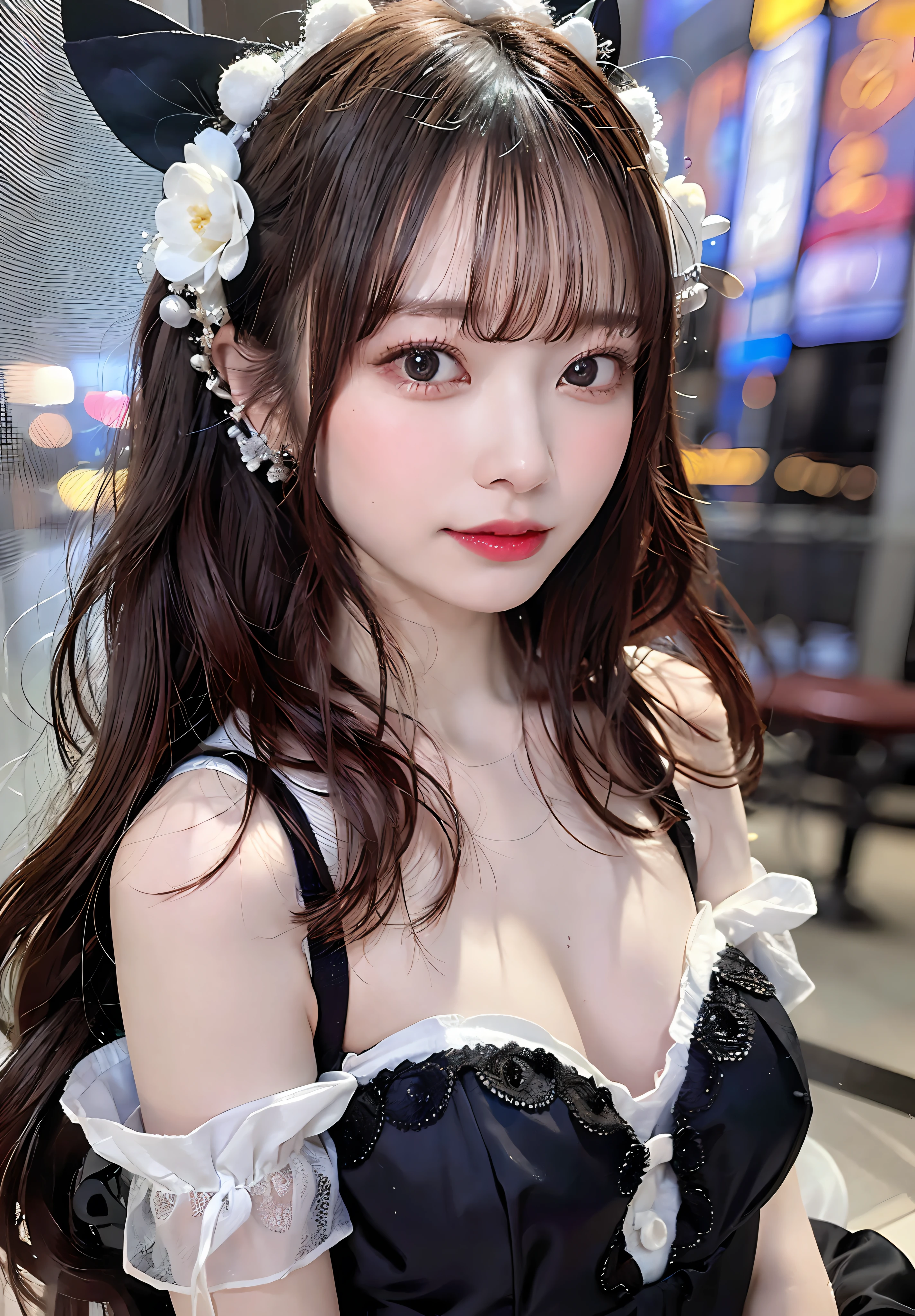 vests、masterpiece、An ultra-high picture quality、realisitic、girl、(Beauty Face 1.4 Otome)、(mediummilk、Constriction waist)、Bokeh、micron、glowy skin、headw、Beautiful collarbone、Full-length black dress、Slim body