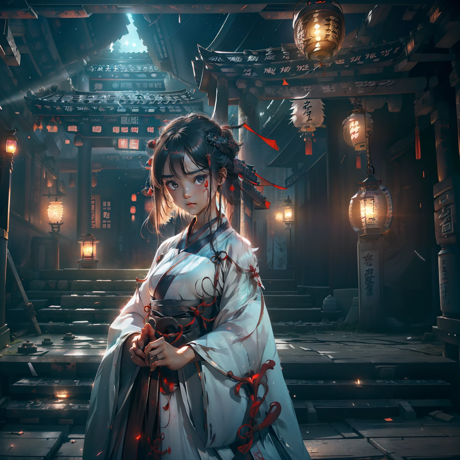Very cute girl,G Cup Breasts,(Hanfu:1.6),(Hunfu skirt:1.3),(Bewitching:1.5),(The light of the mysterious lanterns shines:1.4),,a short bob,(A crumbling abandoned temple with peeling paint:1.5),(dark sky:1.8),(top-quality:1.4) ,Melancholy look,(Prone to downcast eyes:1.4),Look away,(Vague and ephemeral:1.4),(Beauty of the afterlife:1.1),Less ambient light、Strong reflection,Slender eyes,(Mysterious Beauty:1.3),(Lantern light illuminating a shadowy face:1.4),underlighting,