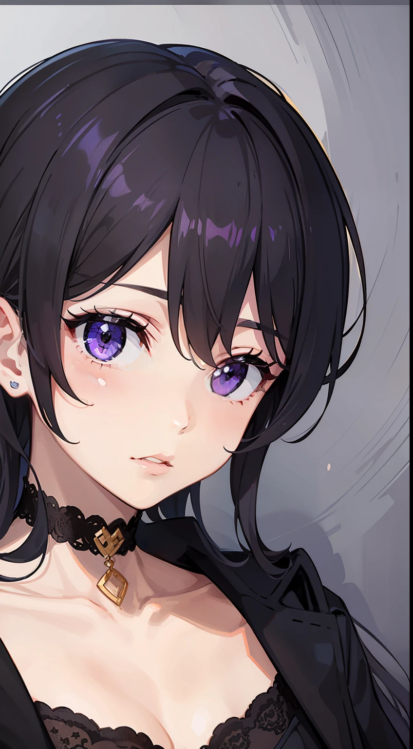 Anime girl with black hair and purple eyes wearing a black dress ...