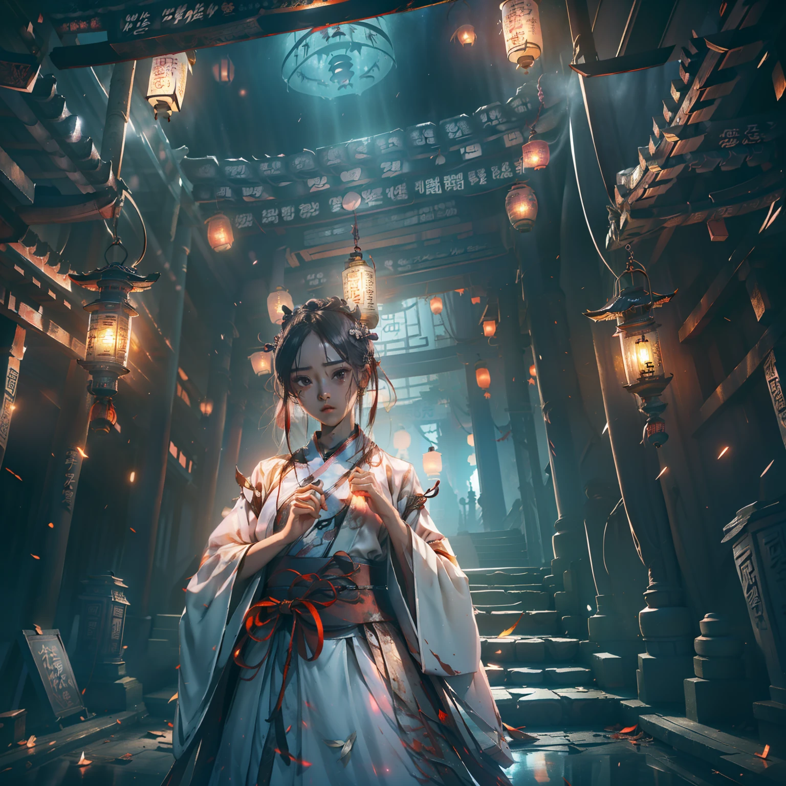 Very cute girl,G Cup Breasts,(Hanfu:1.6),(Hunfu skirt:1.3),(Bewitching:1.5),(The light of the mysterious lanterns shines:1.4),,a short bob,(A crumbling abandoned temple with peeling paint:1.5),(dark sky:1.8),(top-quality:1.4) ,Melancholy look,(Prone to downcast eyes:1.4),Look away,(Vague and ephemeral:1.4),(Beauty of the afterlife:1.1),Less ambient light、Strong reflection,Slender eyes,(Mysterious Beauty:1.3),(Lantern light illuminating a shadowy face:1.4),underlighting,(Beauty of the afterlife:1.2),