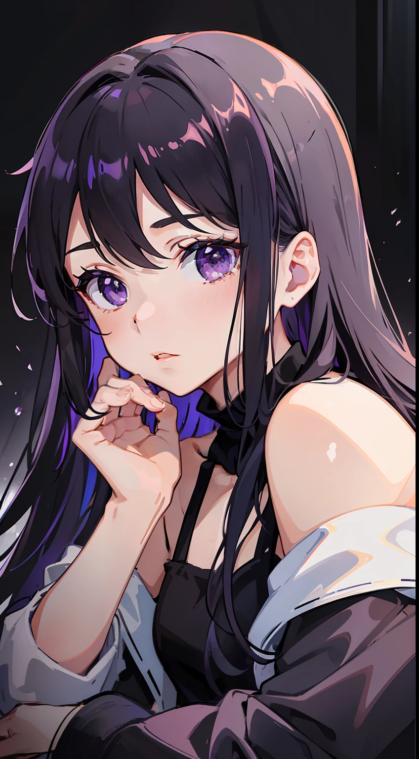 young boy, long dark purple or black hair, violet eyes, Black rich clothes, Masterpiece, hiquality
