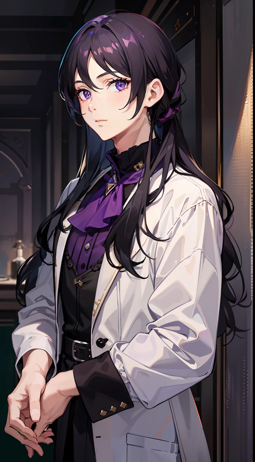 young boy, long dark purple or black hair, violet eyes, Black rich clothes, Masterpiece, hiquality