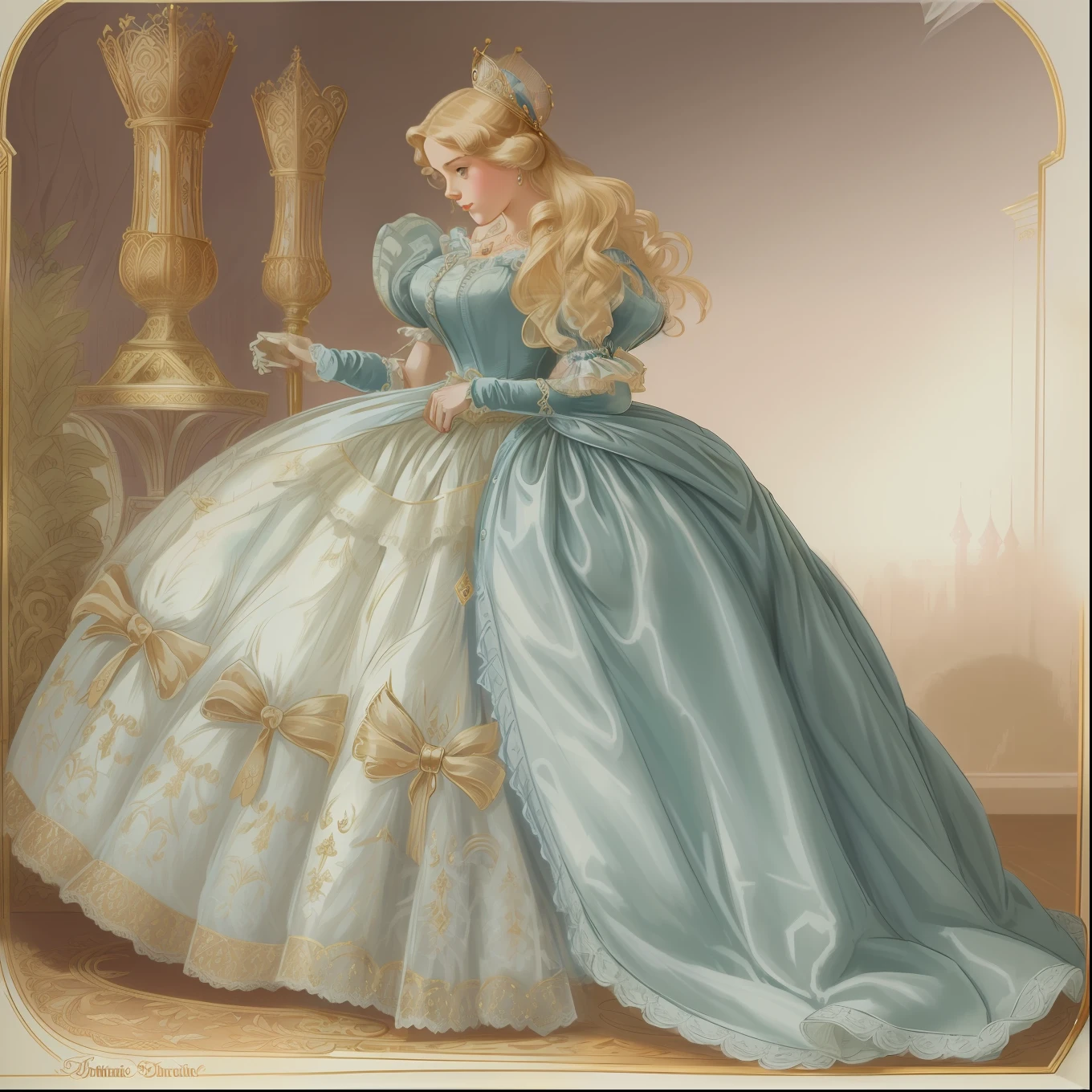 John Tenniel Art, A young blonde lady discovers that she's wearing a Stately and Elaborate Royal Cinderella Ballgown with (((enormous puffed sleeves))) an hourglass waist, and a (((huge crinoline hoopskirt))), adorned with (((ribbons))), (((bows))), diamond crosses, gold embroidery, and jewels, elaborately curled and styled hair, white gloves, tiara, Crown Jewels