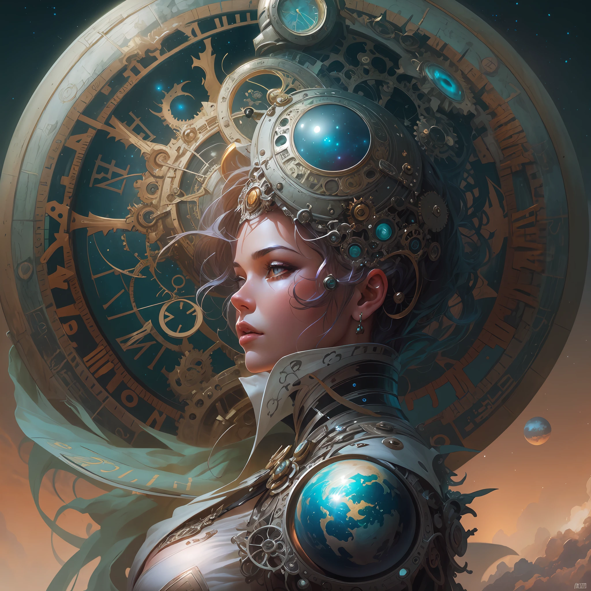there is a woman with a clock on her head and a planet in the background, fantasy art behance, karol bak uhd, stunning digital illustration, beautiful digital artwork, karol bak and peter mohrbacher, intricate wlop, cyborg goddess in cosmos, artgerm julie bell beeple, 4k highly detailed digital art, 8k stunning artwork