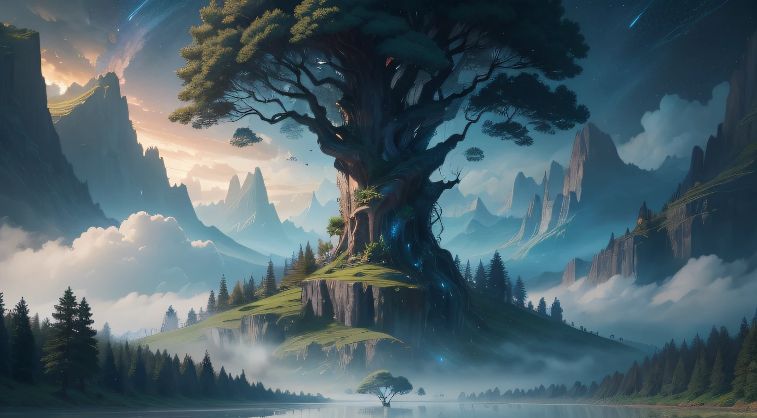 Illustration of a hyperrealistic , otherworldly, ultrasky scene featuring a giant crystal tree full body,very detailed and magical lighting, intricate forest details, vegetation and river around, solarpunk ,landscape, giant tree, beatifull leafy with beautiful lighting and realistic proportions, as if it were a cinematic background, 8k, highest quality, masterpiece, clouds and stars in the sky.