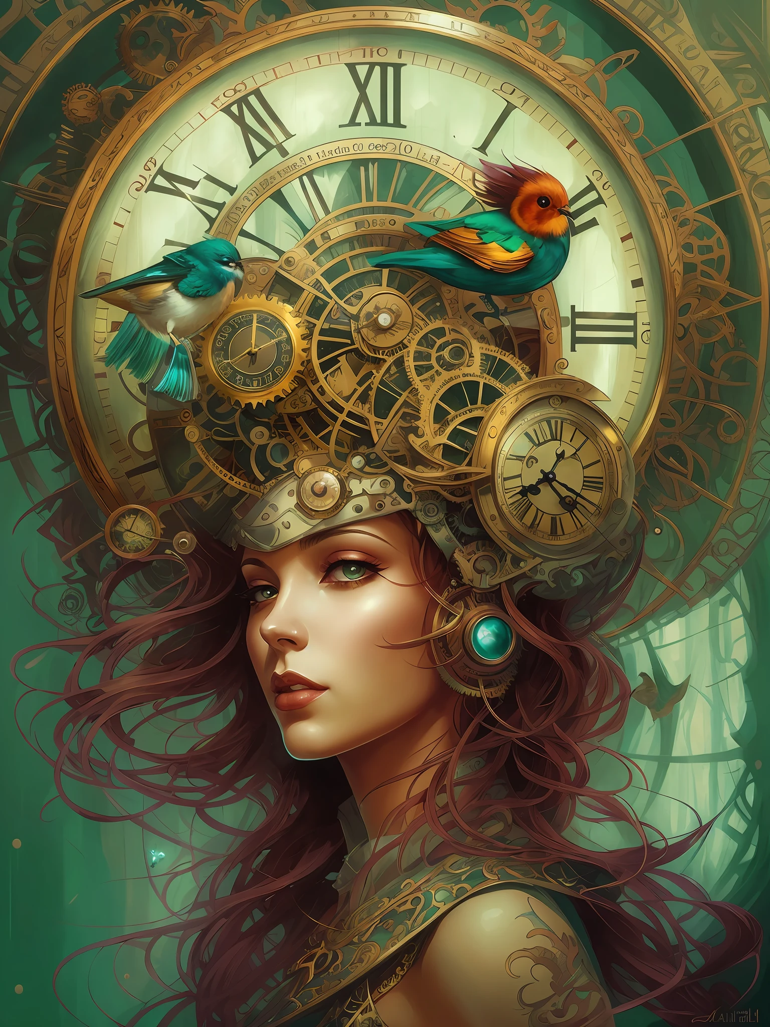there is a woman with a clock on her head and a bird in her hair, goddess of time, karol bak and peter mohrbacher, karol bak uhd, fantasy art behance, beautiful fantasy art portrait, artgerm julie bell beeple, digital steampunk art, clockwork woman, beautiful digital artwork, steampunk fantasy style, fantasy art portrait