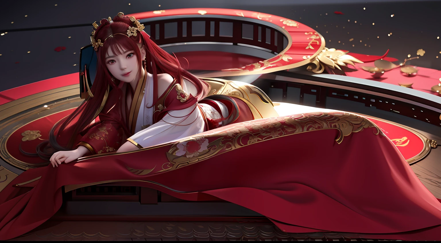 Close-up of a woman in a red dress and red blinds, By Li Song, 8K high quality detailed art, Beautiful anime woman, Palace ， A girl in Hanfu, with a red halo over her head, by Yang J, style of anime4 K, Guviz, Beautiful anime girl, beautiful and seductive anime woman, Chinese girl, Beautiful character painting