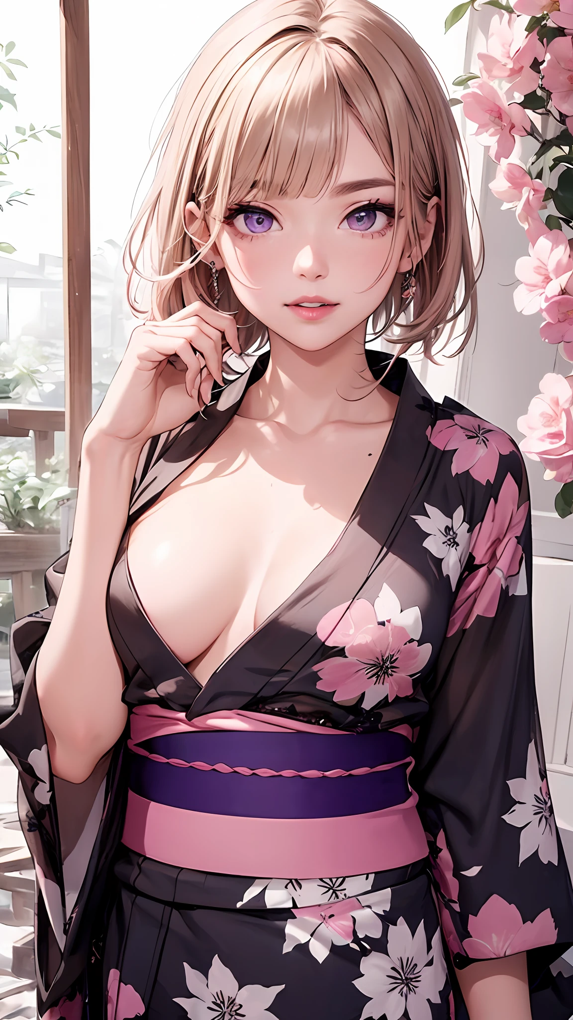 completely ,Sexy,(medium breasts,:1.3)teats、(Pink 、The areol:1.3)
break
Brown and pink hair, One Side Cut Layer Bob, (Blunt bangs:1.3), (Beautiful clear purple eyes:1.1), medium breasts,thin lips,(slender),Smile, break
masterpiece, Best Quality,(Photorealistic: 1.4),Ultra High Resolution, unity 8k, (Beautiful detailed eyes:1.6),Symmetrical, extra detailed face, Perfect Lighting, (Perfect hands, Perfect Anatomy),(flower design yukata:1.3)