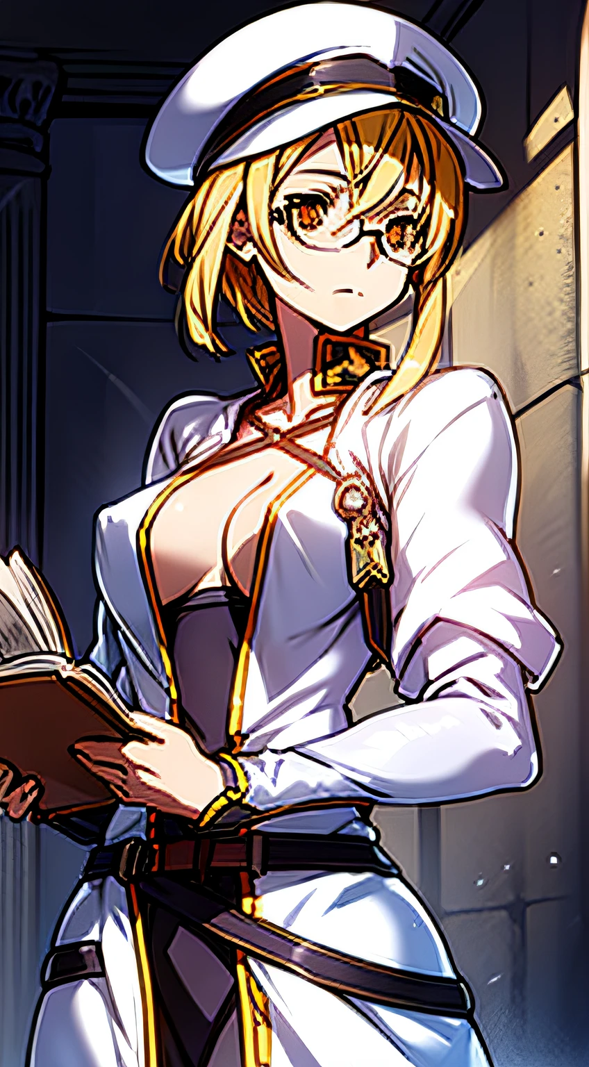 ,Perfect ,don quixote \(limbus company\, Naked、Blonde hair, a beauty girl、eye glasses、middlebreasts、Short hair, hair between eye, Orange Eyes、the chest is perfectly visible、pierced nipple、Chain scientist hat from the nipple、Basketball Hand、armor、`She has a book and a sword、(Bachelor's degree in Medieval Europe )、Cowboy style、hiqcgbody