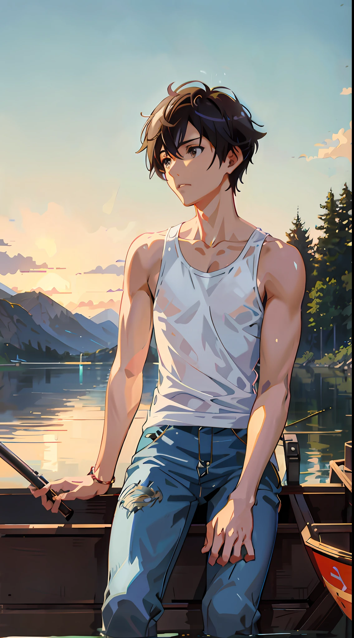 There was a man sitting on a boat on the water, Handsome anime pose, Anime handsome man, Makoto Shinkai. a digital rendering, makoto shinkai art style, realistic anime artstyle, Shinkai Makoto style, young anime man, anime realism style, Tall anime guy with black eyes, Makoto Shinkai ( apex legends )