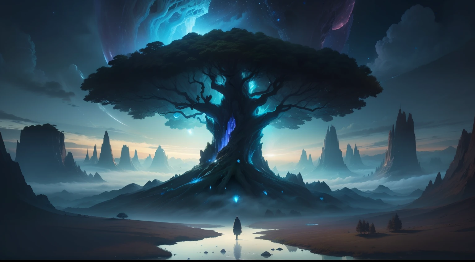 Illustration of a hyperrealistic , otherworldly, ultrasky scene featuring a giant crystal tree full body,very detailed and magical lighting, intricate forest details, vegetation and river around, solarpunk ,landscape, giant tree, beatifull leafy with beautiful lighting and realistic proportions, as if it were a cinematic background, 8k, highest quality, masterpiece, clouds and stars in the sky.