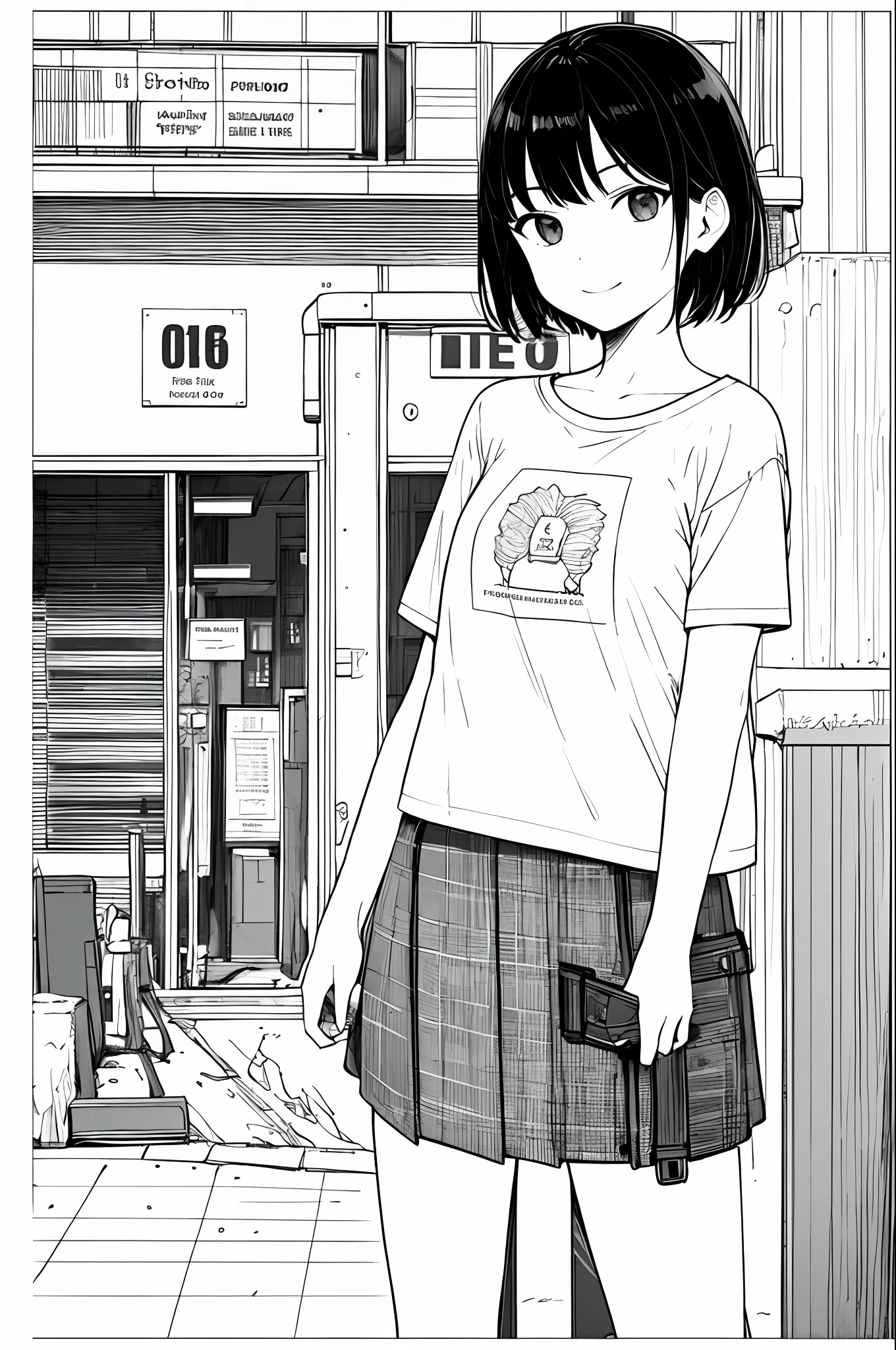 ​masterpiece, top-quality, 1girl in, tshirts, A slight smil, a school bag, A dark-haired, Black eyes, cyberpunked, a street, monochromes, line-drawing、