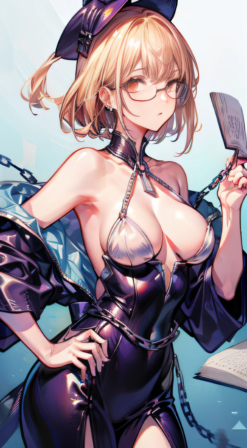 ,Perfect ,don quixote \(limbus company\, Naked、Blonde hair, dynamicposes、a beauty girl、eye glasses、middlebreasts、Short hair, hair between eye, Orange Eyes、the chest is perfectly visible、pierced nipple、Chains from  、Scientist Hat、Basketball Hand、armor、`She has a book and a sword、(Bachelor's degree in Medieval Europe )､Cowboy style、hiqcgbody