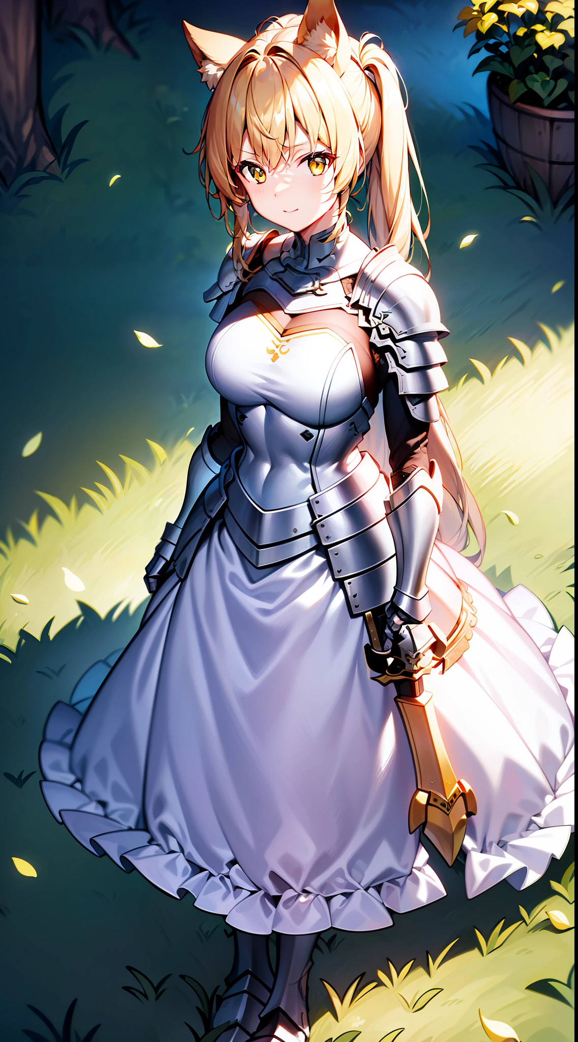 Masterpiece, Best quality, high resolution, Solo, 
1girll, blond hairbl, Yellow eyes, pony tails, Animal ears, Tail, 
Original costume 2, a white long skirt, Armor,  sword, A shield,