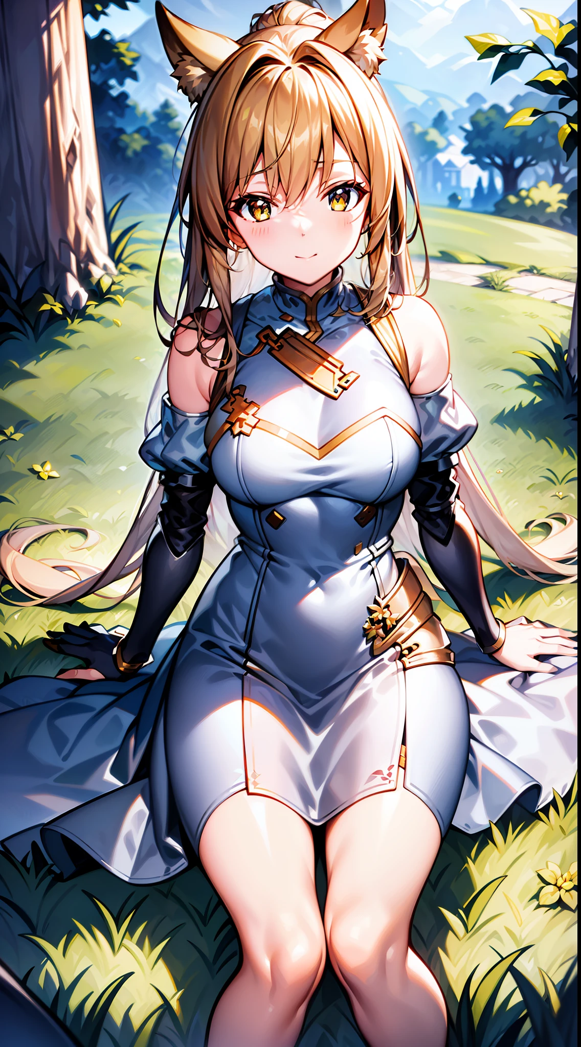 Masterpiece, Best quality, high resolution, Solo,
1girll, blond hairbl, Yellow eyes, pony tails, Animal ears, Tail,
Original costume 2, a white long skirt, Armor, sword, A shield,