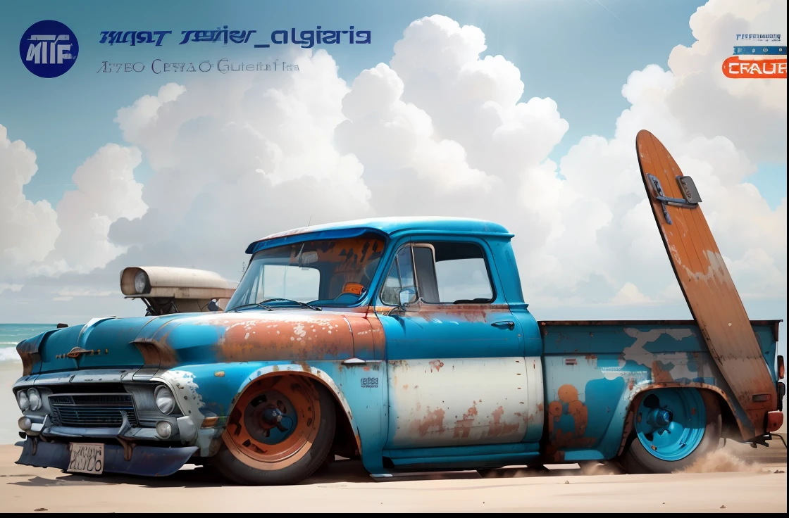 hyper realism Rusty hyper realistic old blue color truck with surfboard on top of it on a white background, (Foto RAW, best quality), (Realistic, photo-realistic:1.2) insanamente detalhado c 10.0, Greg Rutkowski - C 1 0, Estilo Lowrider, Swagger! Cultura Lowrider, Lowriders, rusty vehicles, Carros enferrujados!!, carro feito de carne, enferrujado, alguma ferrugem, bem detalhado, imagem ultra realista , fundo com linda paria com céu lindo  🔥 😎 🕹️ 👀 :2,