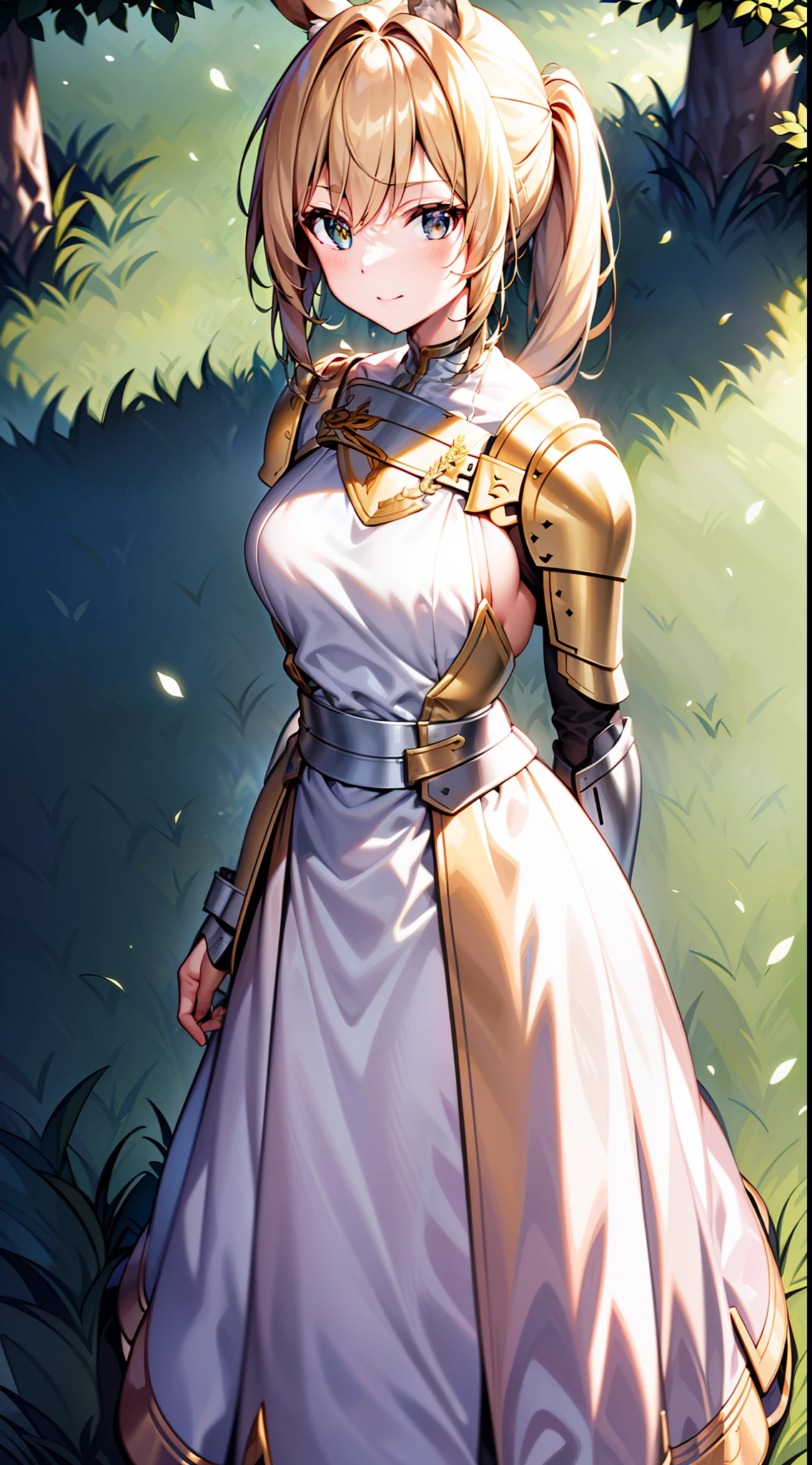 Masterpiece, Best quality, high resolution, Solo, 
1girll, blond hairbl, Yellow eyes, pony tails, Animal ears, Tail, 
Original costume 2, a white long skirt, Armor,  sword, A shield,