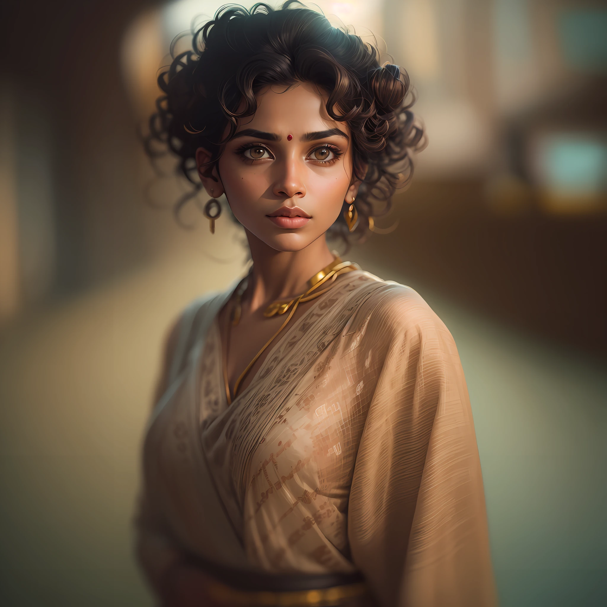 portrait of a Indian woman with curly hair styled in a messy bun, cute, matte photography, brown skin, soft lighting, ambient mood, stunning and clean photography, kodak film, leica, Dune aesthetics inspired, Metropolis inspired, Oleg Oprisco and Todd Hido --ar 5:8 --s 450 --v 5.2