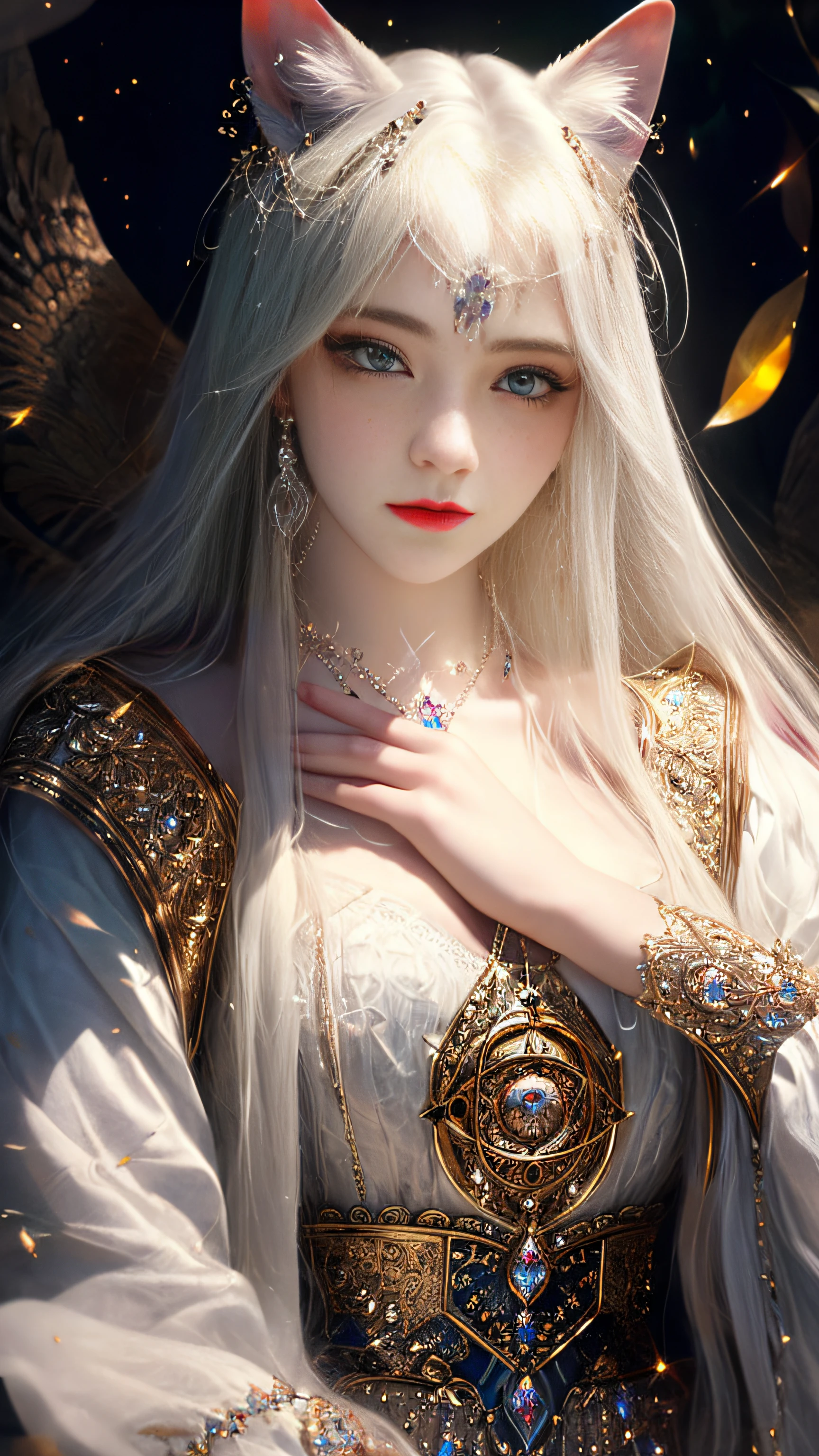 Super beautiful shining eyes、{​masterpiece},{top-quality},{1girl in},astonishing,beautiful finely detailed eyes,Fine details,Depth Field,extremely details CG,original,highly detailed wallpaper,white_hair,magic_circle,cat_ears,long_hair,white_hair/yellow_eyes,cana,Pentagram,Watches,{​masterpiece},{best qualtiy},{1girl in},astonishing,beautiful finely detailed eyes,finely detail,Depth Field,extremely details CG,original,highly detailed wallpaper, white_hair