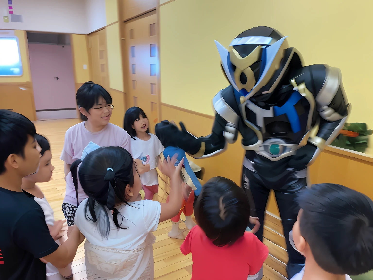 Itoman Man、There are many children standing around costumed men, fourze, captured on canon eos r 6, kamen rider character, tokusatsu, kamen rider action pose, Kamen Rider, taken with sony alpha 9, Octane, by Hiromitsu Takahashi, With a child, With a giant robot owl, captured on iphone