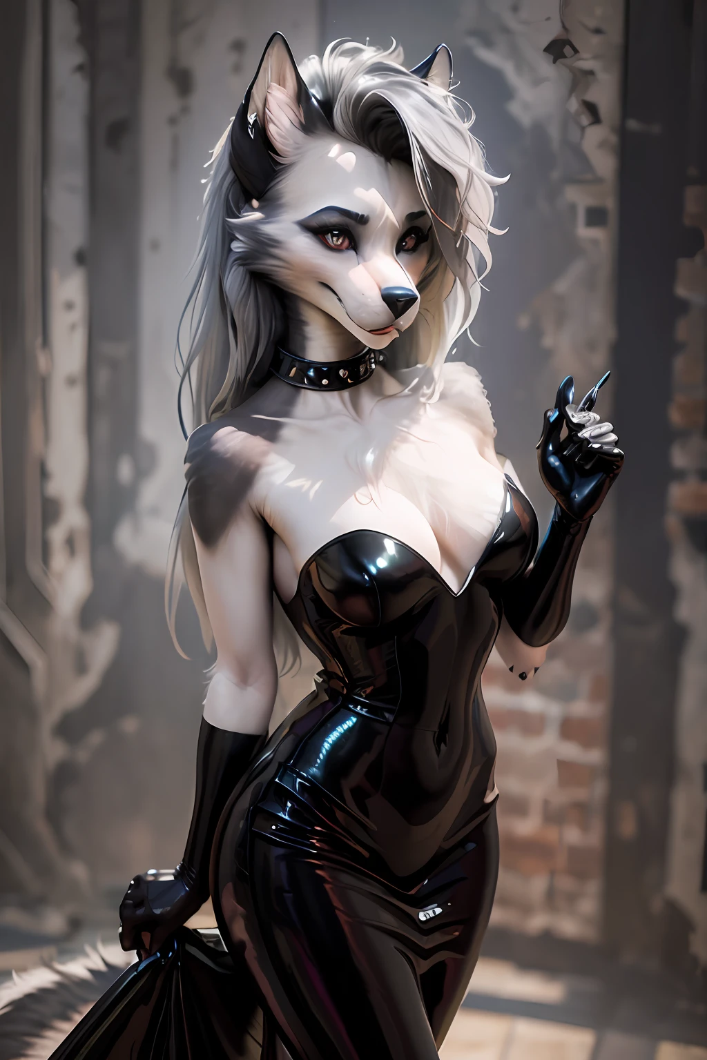 (masterpiece, best quality:1.2),loona, furry, Wearing Tight Slim Long Deep Black Shiny Metallic Slit Latex Gown