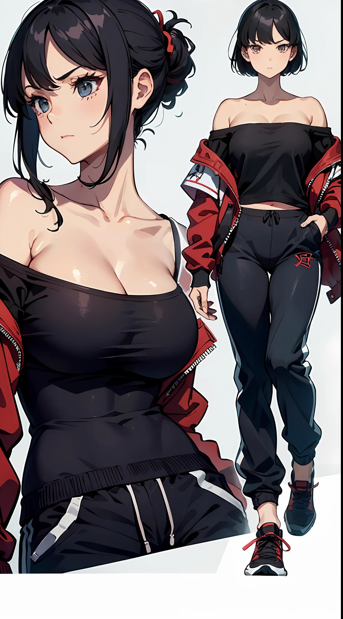 (tmasterpiece),(best qualtiy),(highly detailed),(illustratio),(超高分辨率)one-girl,独奏,Off-the-shoulder attire,musculature,perspire,Bad girl,(Off-the-shoulder attire),Short black hair,track suit,Athletic trousers,Mature woman,Large breasts,scowling,Top-down view,Fighting posture