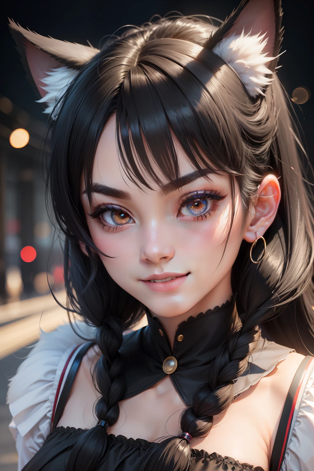 black hair, hair bobbles, wince, longeyelashes, solid circle eyes, fake animal ears, light smile, ear blush, fang, Surrealism, drop shadow, anaglyph, stereogram, tachi-e, pov, atmospheric perspective, 8k, super detail, ccurate, best quality.