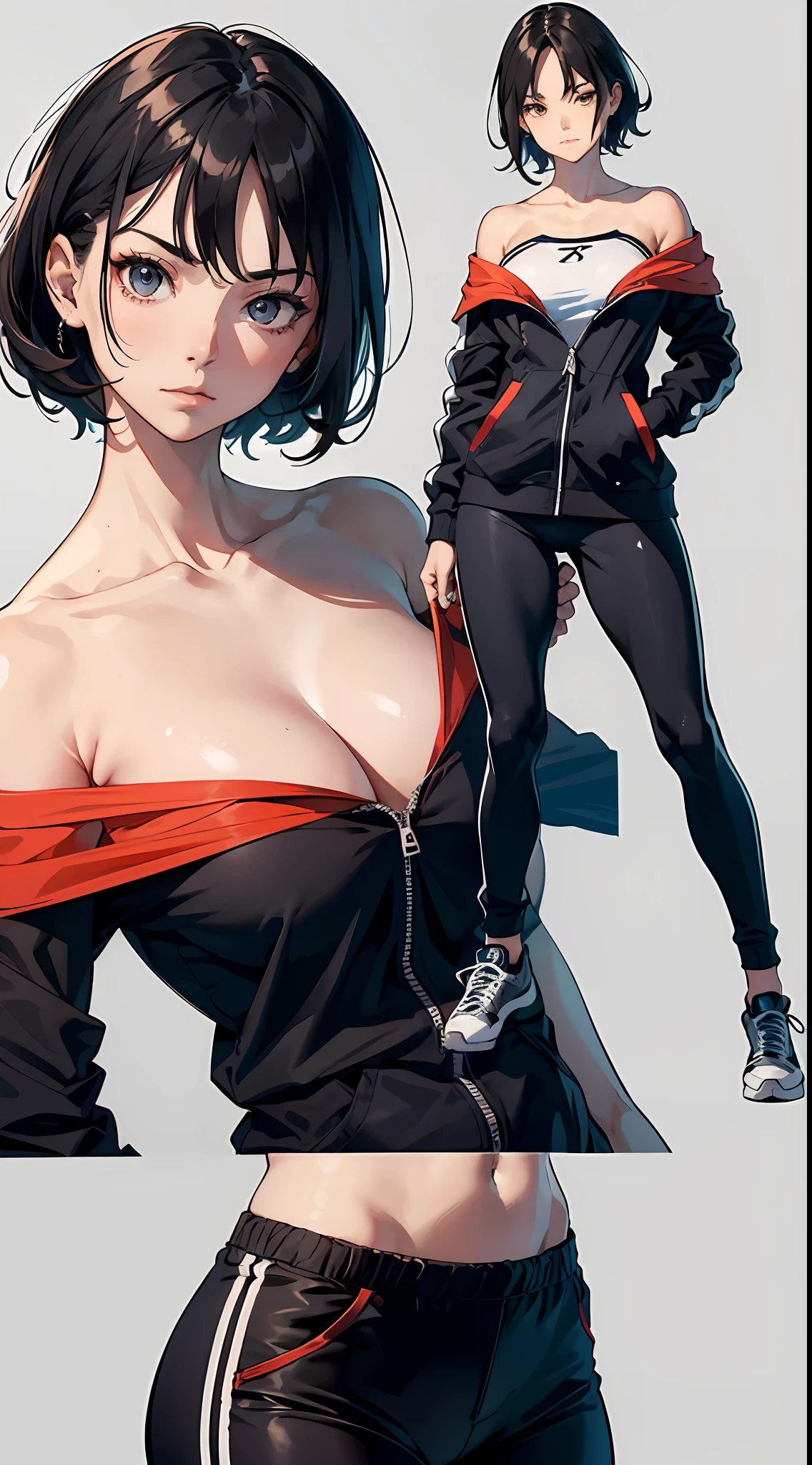(tmasterpiece),(best qualtiy),(highly detailed),(illustratio),(超高分辨率)one-girl,独奏,Off-the-shoulder attire,musculature,perspire,Bad girl,(Off-the-shoulder attire),Short black hair,track suit,Athletic trousers,Mature woman,Large breasts,scowling,Top-down view,Fighting posture