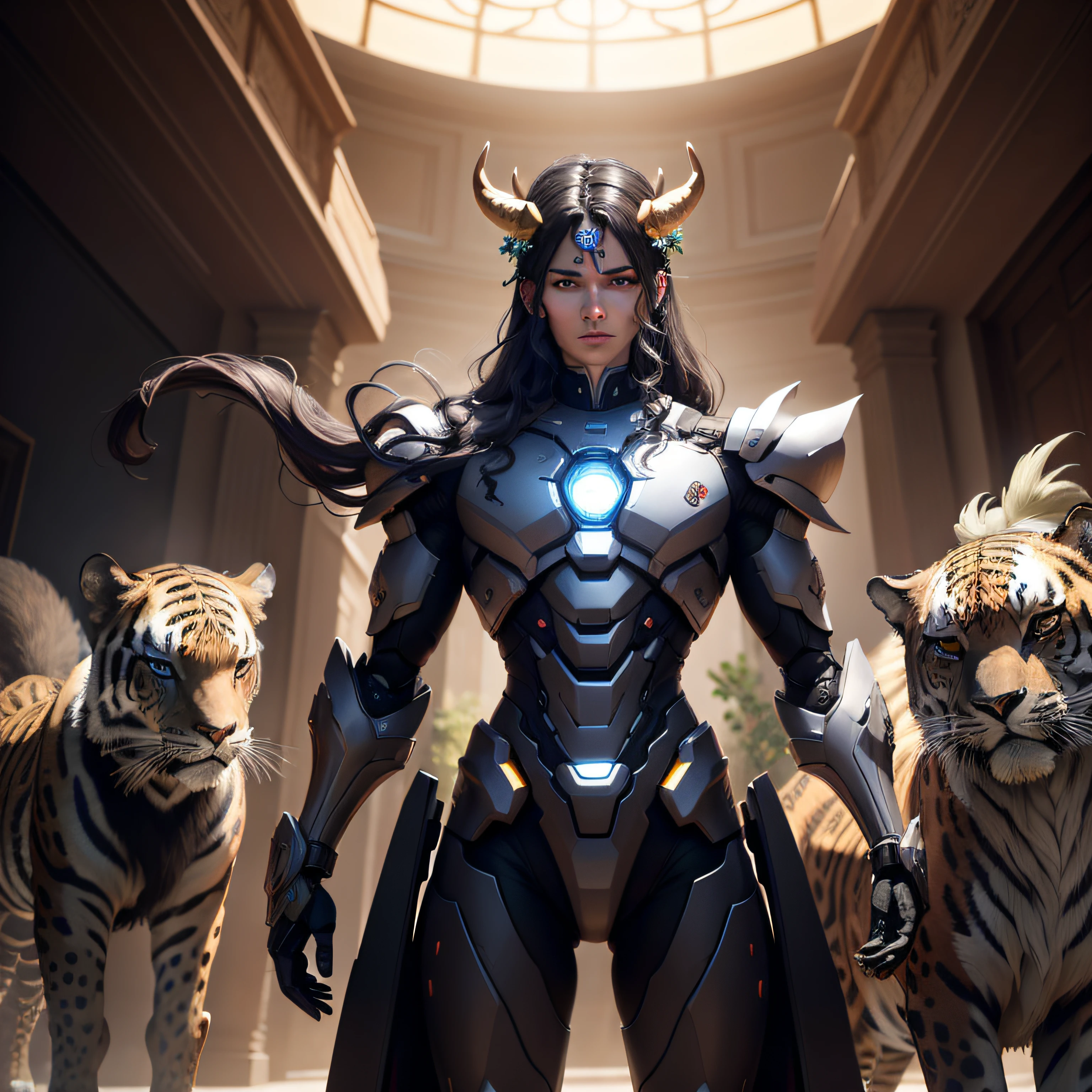 Concept art of a robot inspired by Dionysus. The robot has armor reflecting the characteristics of animals such as leopards, tigers, goats, bulls, deer, snakes, dolphins, foxes, and donkeys. It is decorated with grapes and ivy, and equipped with a thyrsus staff and a wine cup. Horns of abundance are adorned on the head or back. The eyes, expressions, and movements are distinctive to express madness. The style is photorealistic, and the colors are rich and vivid. The lighting is dramatic, and the composition focuses on the entire robot. --ar 16:9 --v 5.1 --style raw --q 2 --s 750