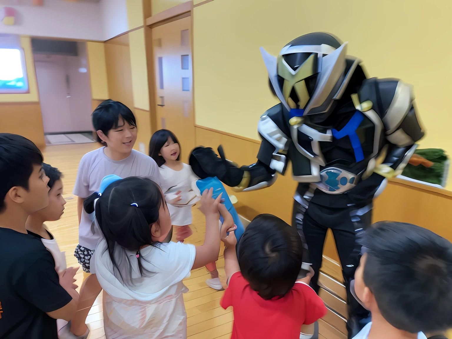 Itoman Man、There are many children standing around costumed men, fourze, captured on canon eos r 6, kamen rider character, tokusatsu, kamen rider action pose, Kamen Rider, taken with sony alpha 9, Octane, by Hiromitsu Takahashi, With a , With a giant robot owl, captured on iphone