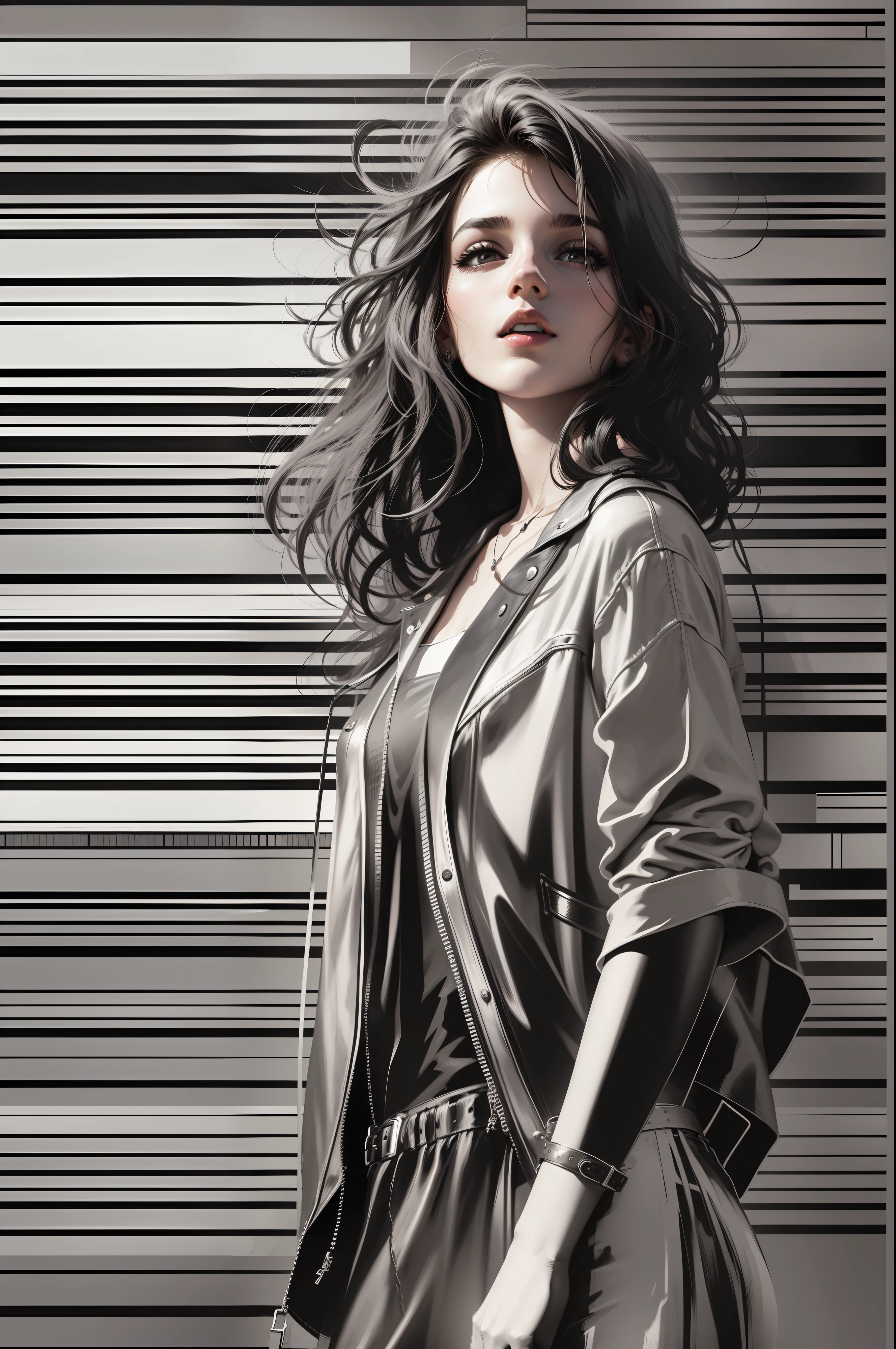Young woman rock singer, portait in the style of anton corbijn, simple lines, vectorial art, black and white