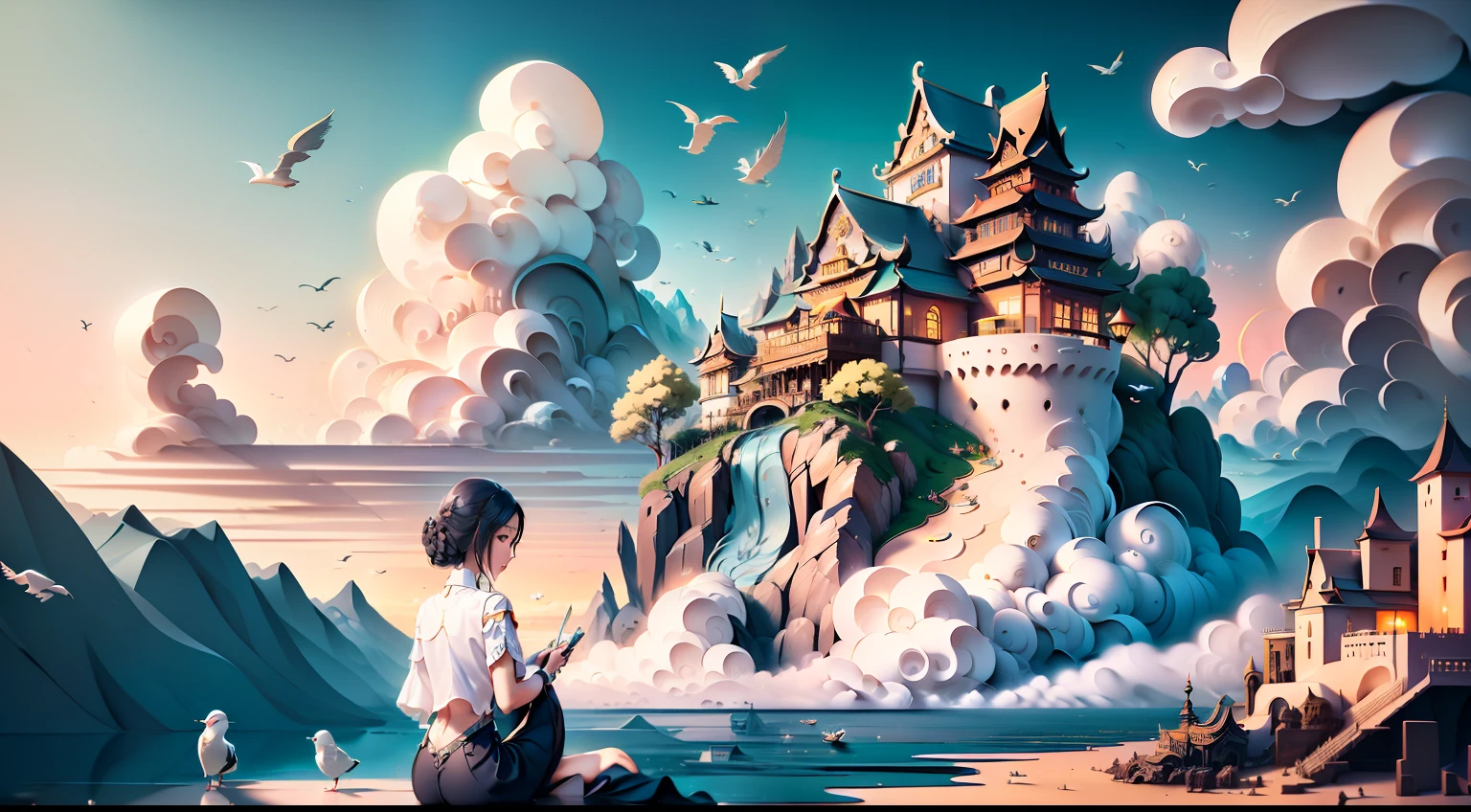 mdjrny-pprct,Chinese architecture，gardens，mountain water，Sea of Clouds，（（（tmasterpiece））），best qualtiy，illustratio，beautiful detailed glow，Gypsy Maiden，sea beach，small town，house，Castle，reef，baiyun，spray，seagulls，blossoms，Aoyama background，(high detal:1.2)
