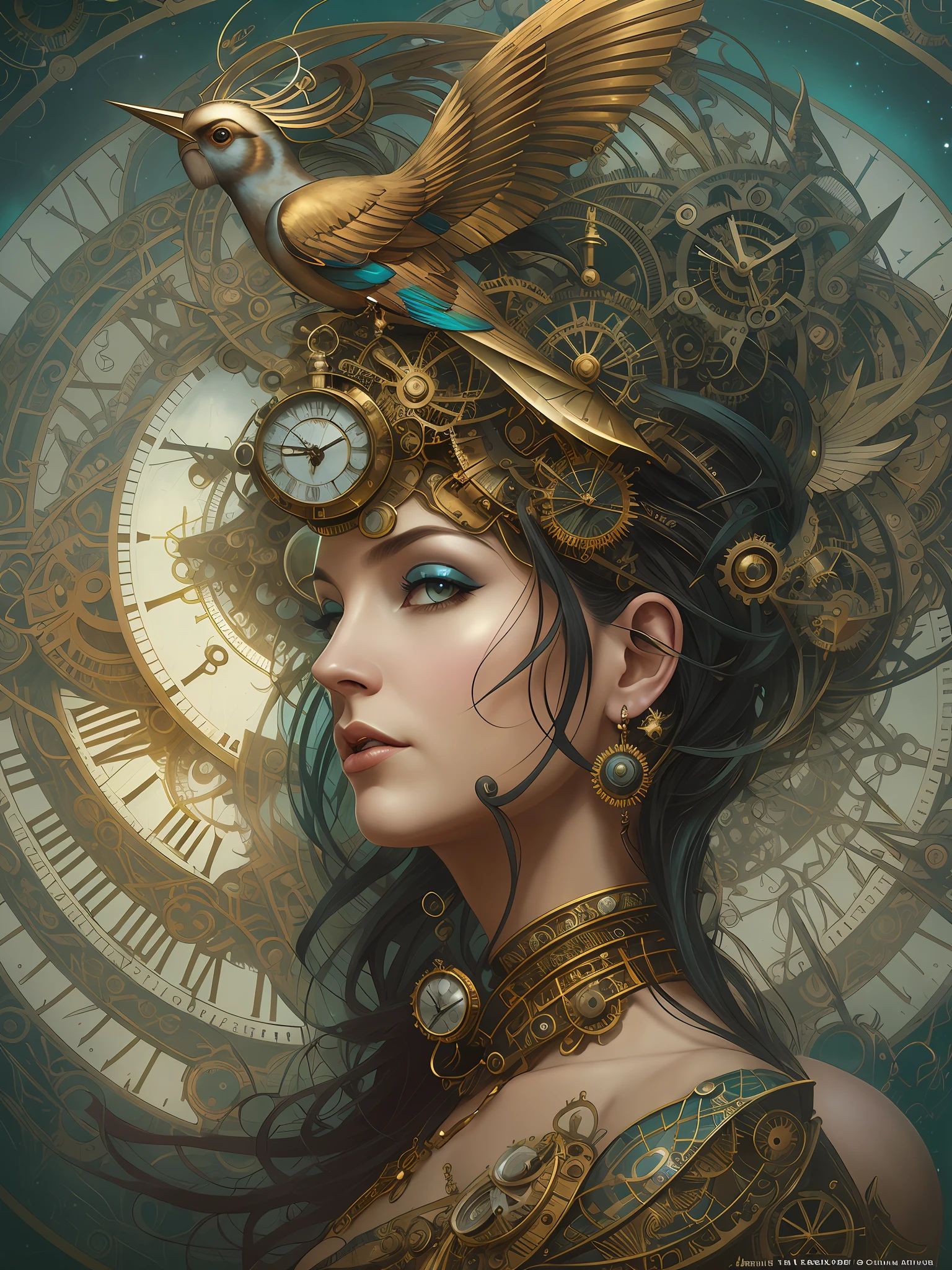 a close up of a woman with a bird on her head, goddess of time, clockwork woman, a steampunk beautiful goddess, artgerm julie bell beeple, digital steampunk art, detailed steampunk illustration, high quality steampunk art, beautiful fantasy art portrait, clockpunk, steampunk fantasy style, steampunk digital art, steampunk art, karol bak and peter mohrbacher