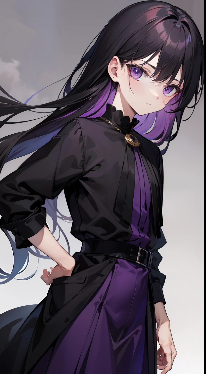 young boy, long dark purple or black hair, violet eyes, Black rich clothes, Masterpiece, hiquality